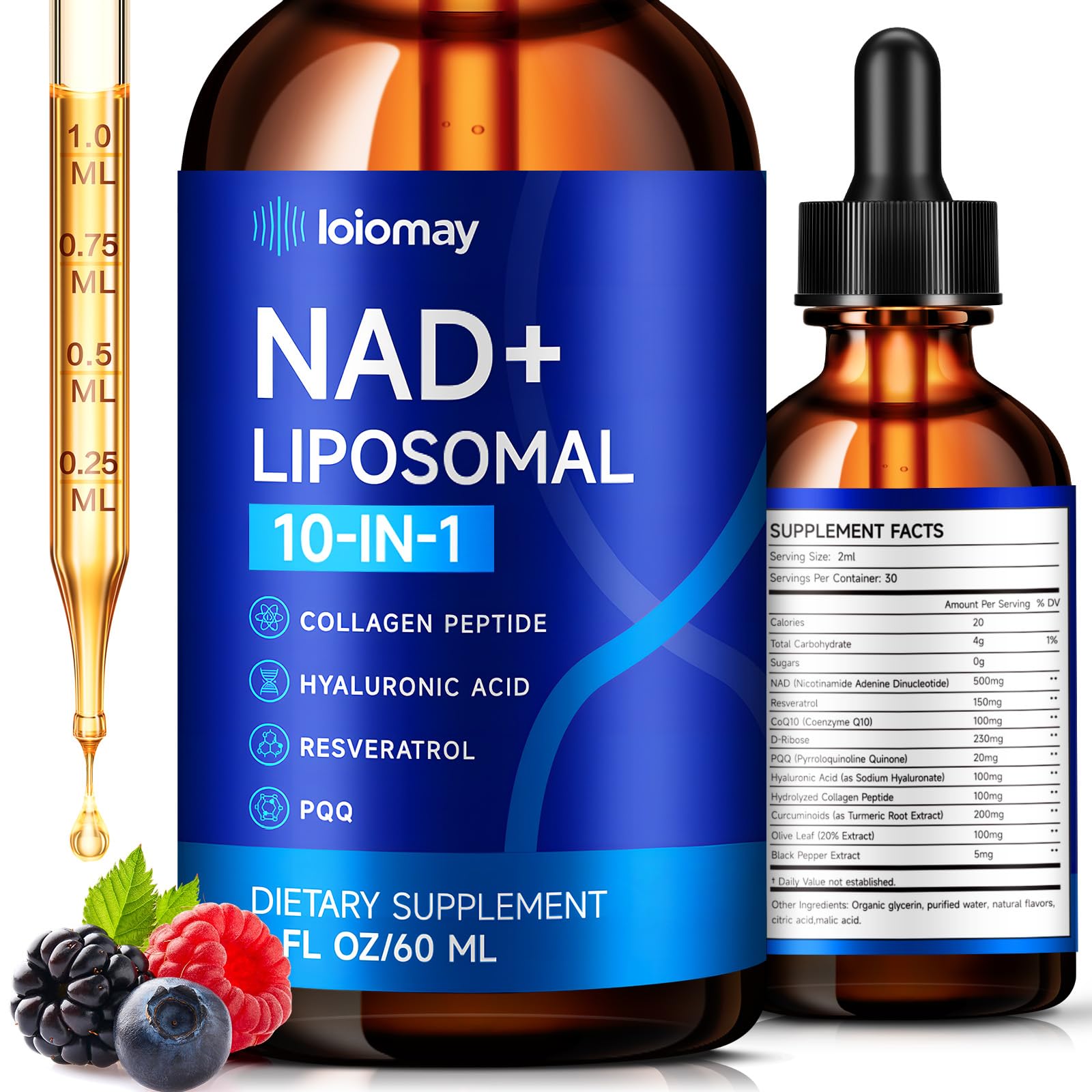 Liposomal NAD Liquid Supplement - 1500mg NAD+ Drops for Women & Men with Resveratrol & Nicotinamide Riboside, PQQ, Collagen & Turmeric for Anti-Aging & Longevity, Cellular Energy Health, 2 Fl Oz loiomay uk supplements