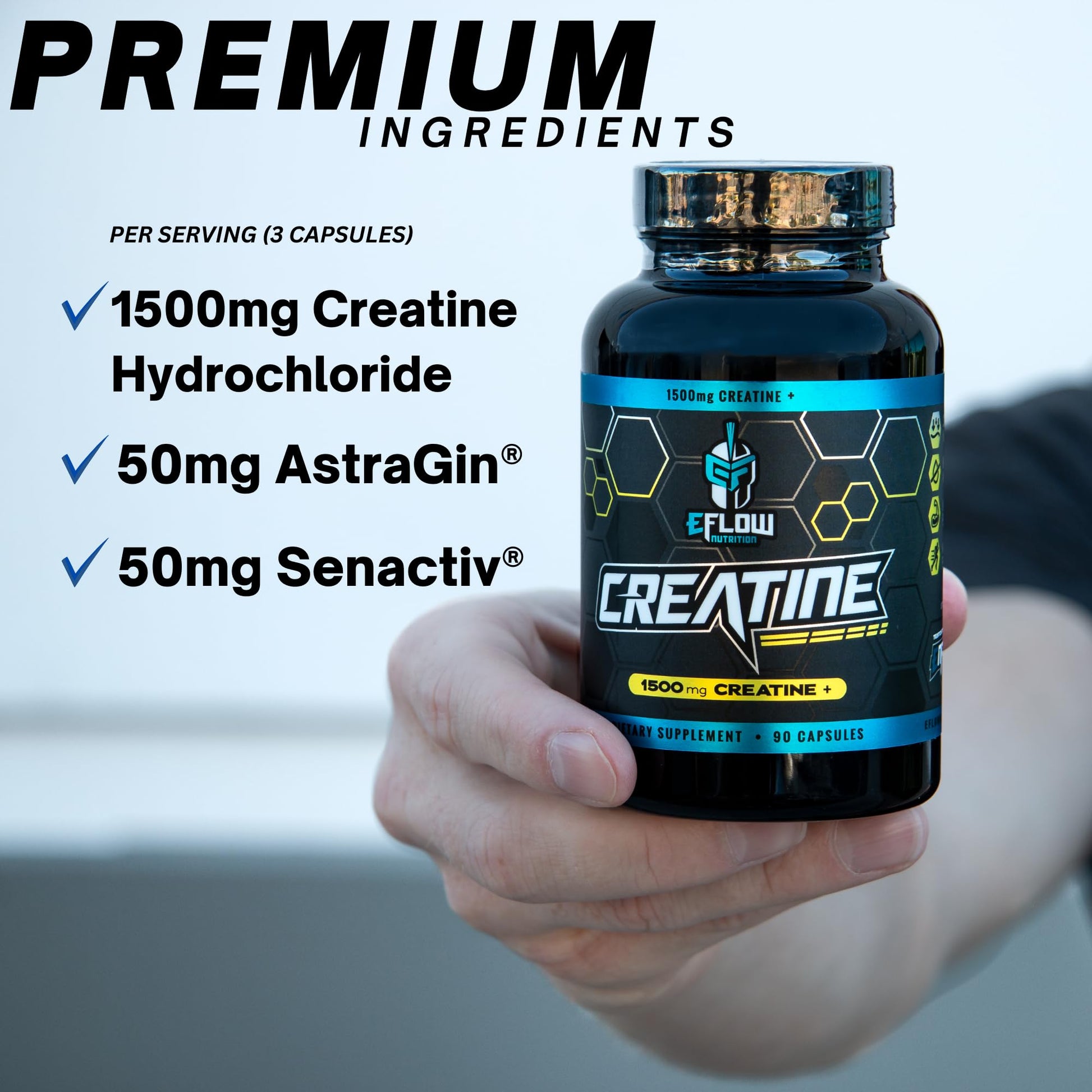 eFlow Creatine Capsules, HCL Creatine Pills - Creatine Supplement for Men & Women, Muscle Builder, Endurance, Strength, with AstraGin and Senactiv (1500mg, 90 Capsules) eFlow Nutrition uk supplements