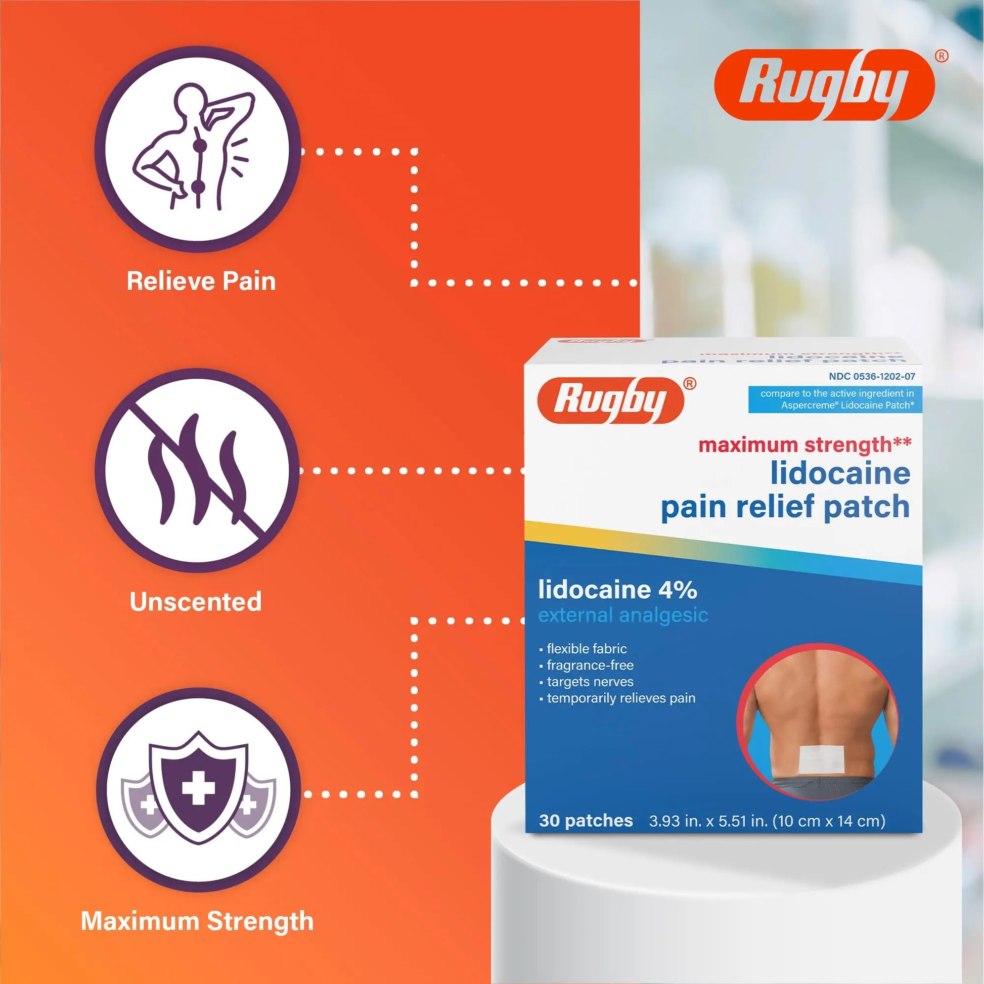 Rugby Maximum Strength Lidocaine Pain Relief Patch - 4% Lidocaine - Topical Anesthetic - Unscented - 30 Patches (1 Pack) RUGBY LABORATORIES uk supplements