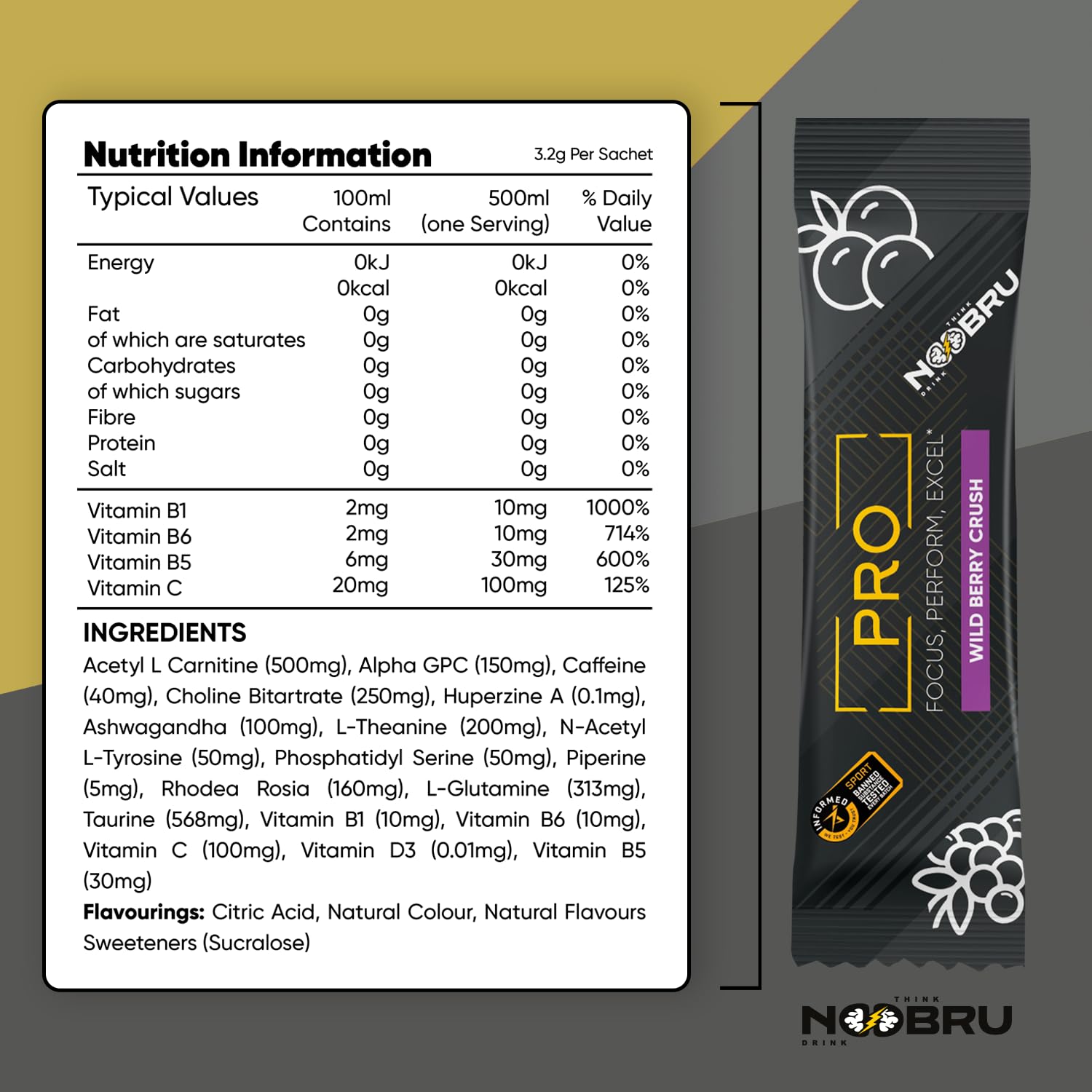 Noobru™ Pro - Brain & Nootropic Supplement for Cognitive Performance, Mental Clarity, and Focus - Precision-Formulated Drink with 17 Research-Backed Ingredients - 20 Servings Noobru uk supplements