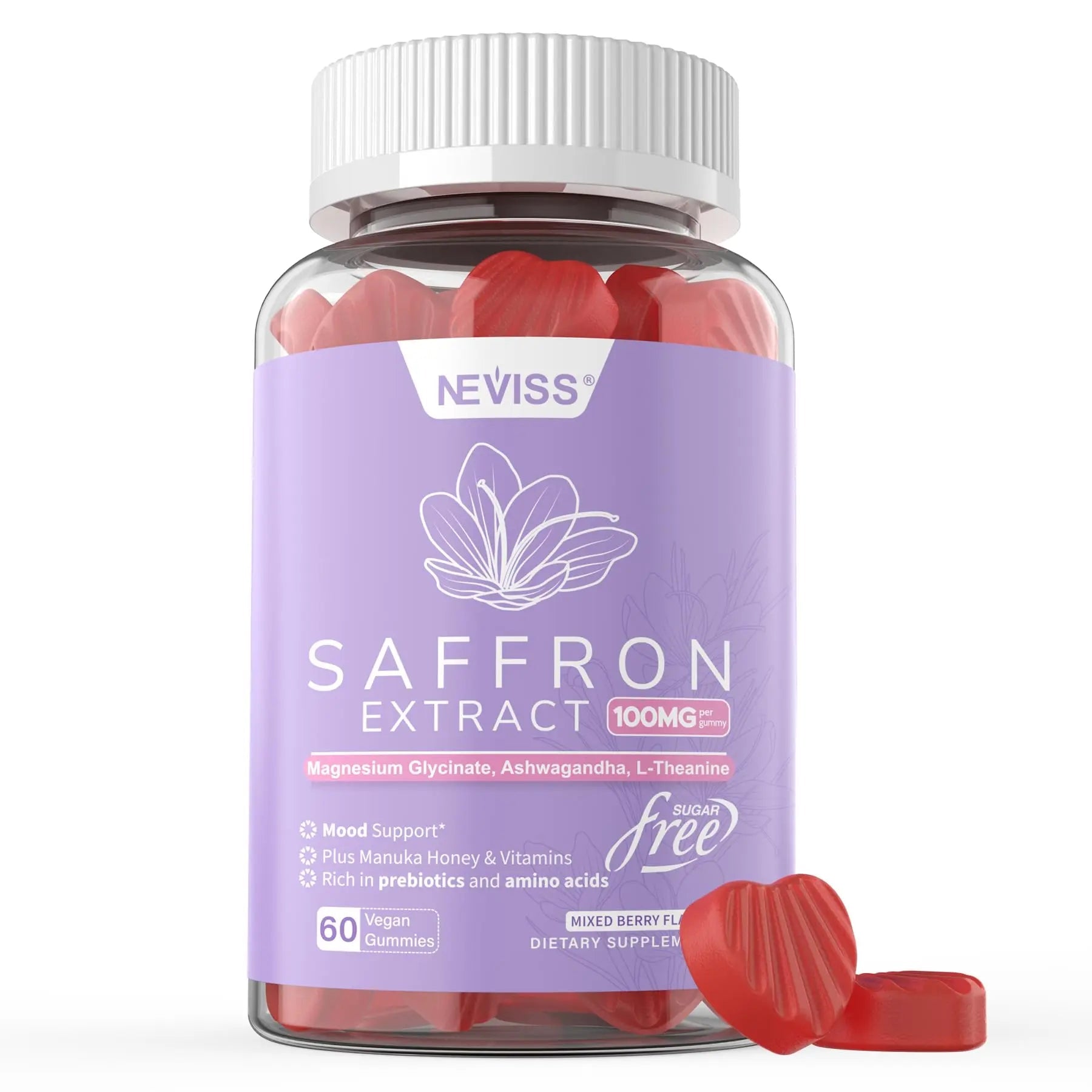 Saffron Supplements Gummies 100mg - 100% Pure Saffron Extract with Magnesium Glycinate, L-Theanine, Turmeric, Ashwagandha NEVISS uk supplements