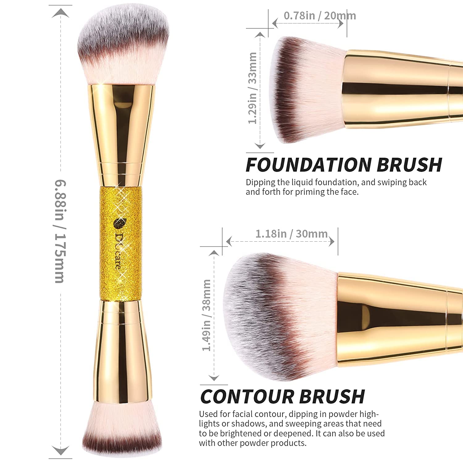 DUcare Dual End Foundation Contour Bronzer Brush, Gold Glitter Handle Double Ended Professional Face Makeup Tool for Liquid Cream Powder DUcare uk supplements