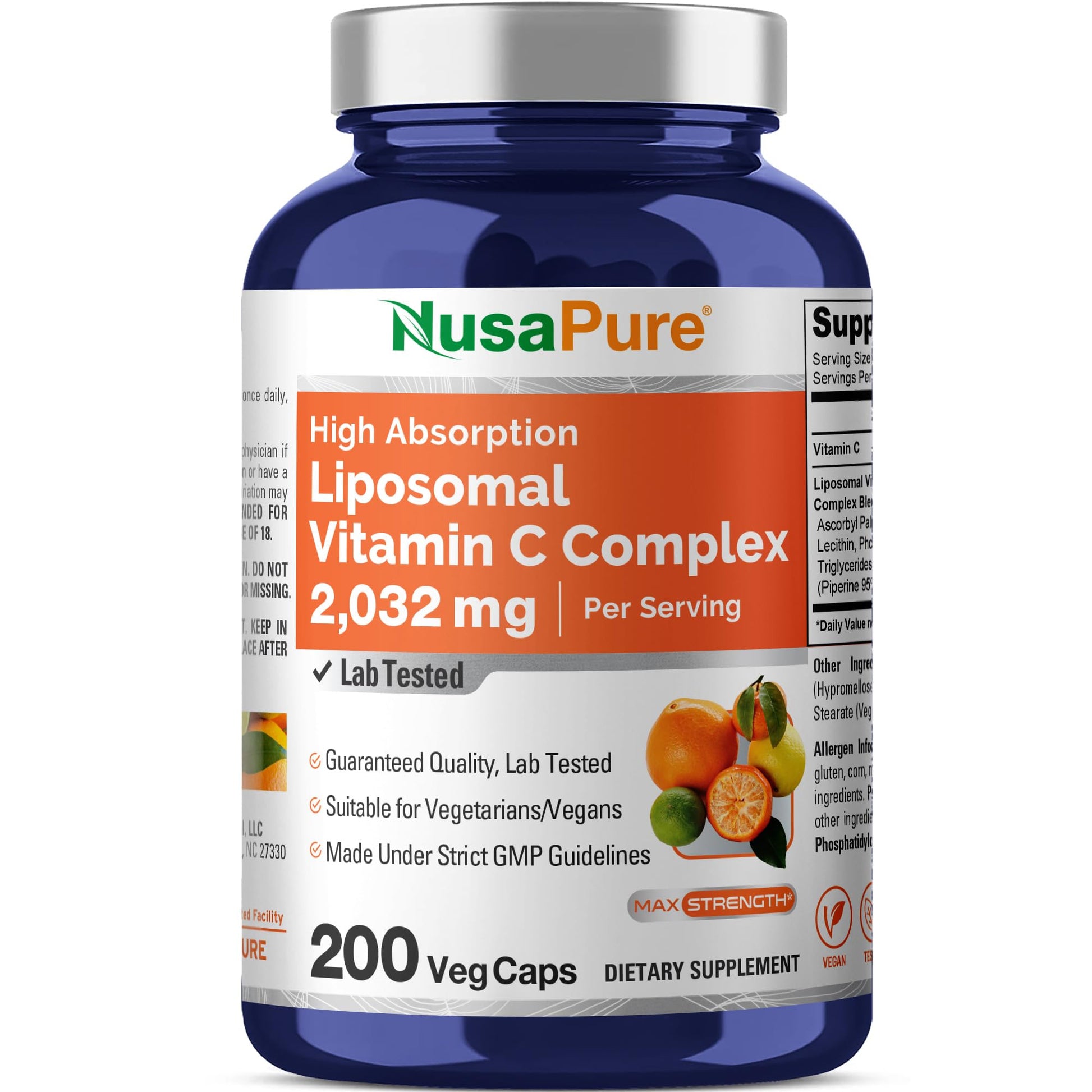 NusaPure Liposomal Vitamin C 2032mg - 200 Veggie Vegan Capsules, BioPerine - High Absorption Ascorbic Acid NusaPure uk supplements