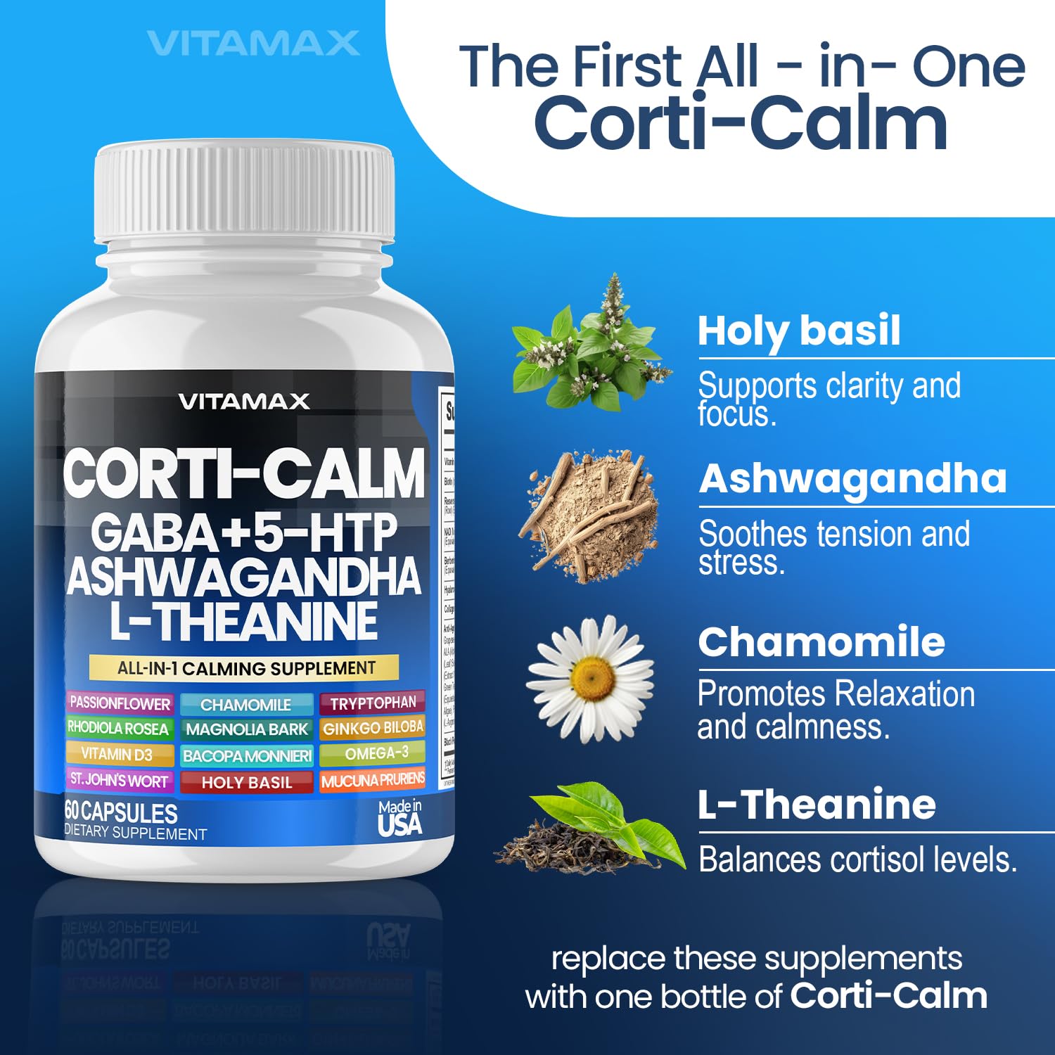 Corti-Calm Cortisol Supplement, L Theanine, Ashwagandha, Vitamin D 3, GABA for Relaxation, Fatigue & Focus with Ginkgo Biloba, Bacopa Monnieri, 5-HTP – Non-GMO, Made in USA – 60ct Vitamax uk supplements