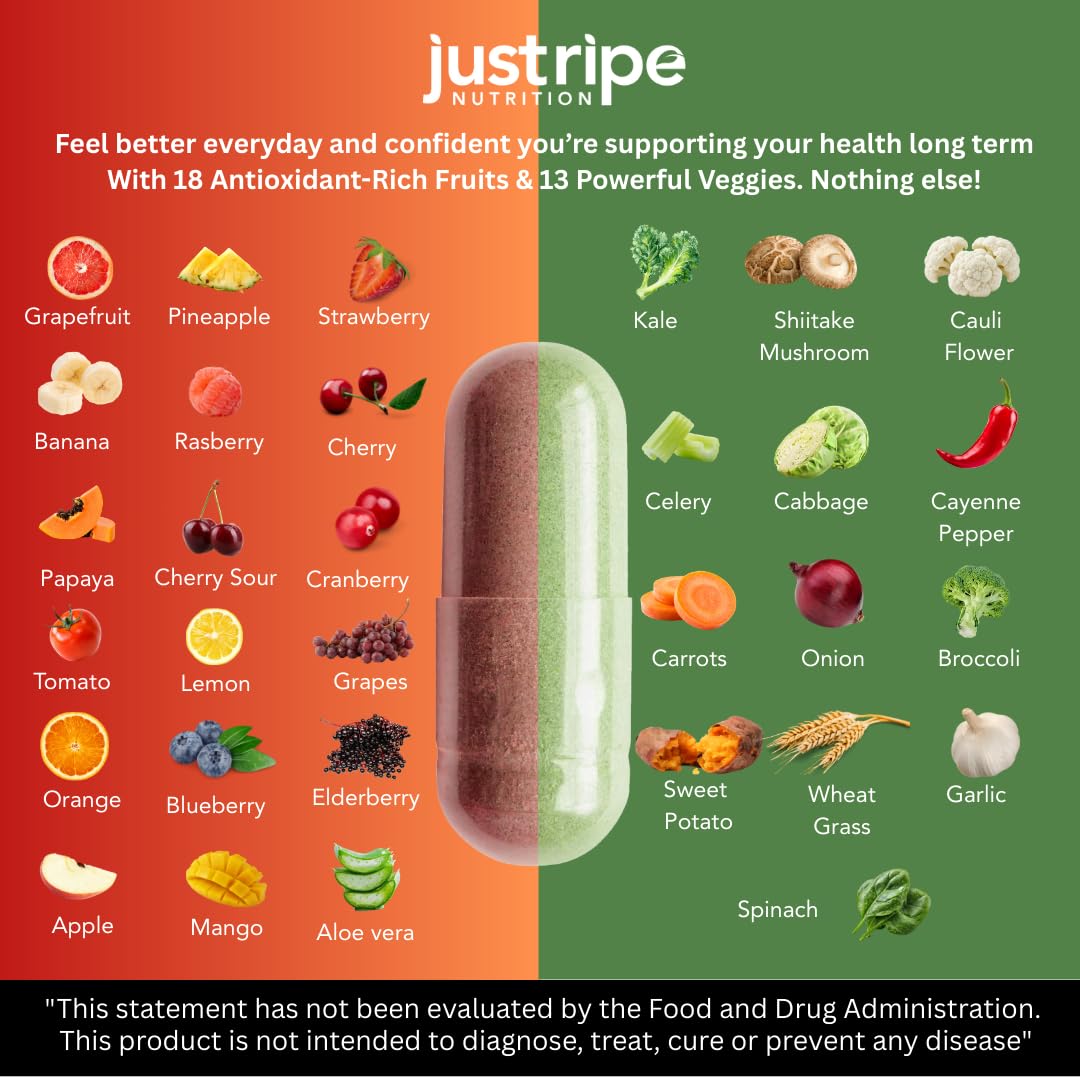 Fruits and Veggies Supplement - 90 Fruit and 90 Vegetable Capsules - 100% Whole Natural Superfood - Filled with Super Greens Vitamins and Minerals - Supports Balance Energy Levels (1 Pack) Just Ripe Nutrition uk supplements