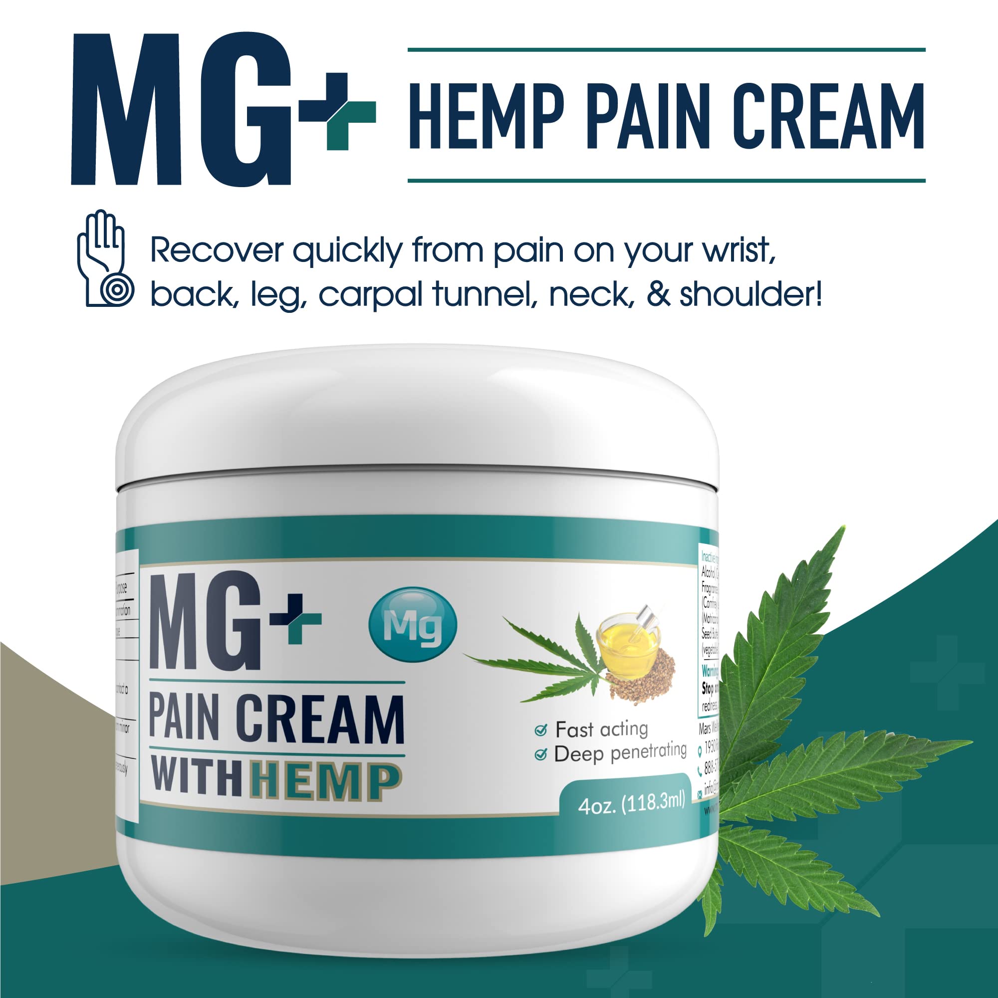 MARS WELLNESS MG+ Hemp Pain Cream (4 oz) - Maximum Strength Arnica & Magnesium Cream for Sore Legs, Joints & Muscle Cramps - Unisex Adults MARS WELLNESS uk supplements