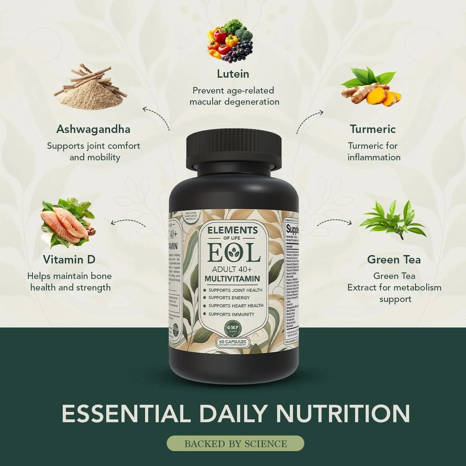 40 Plus Multivitamin for Women & Men with Vitamin A, D, B6, B12, E, Zinc, Magnesium, Calcium - Vegan, Gluten Free Elements of LIfe uk supplements