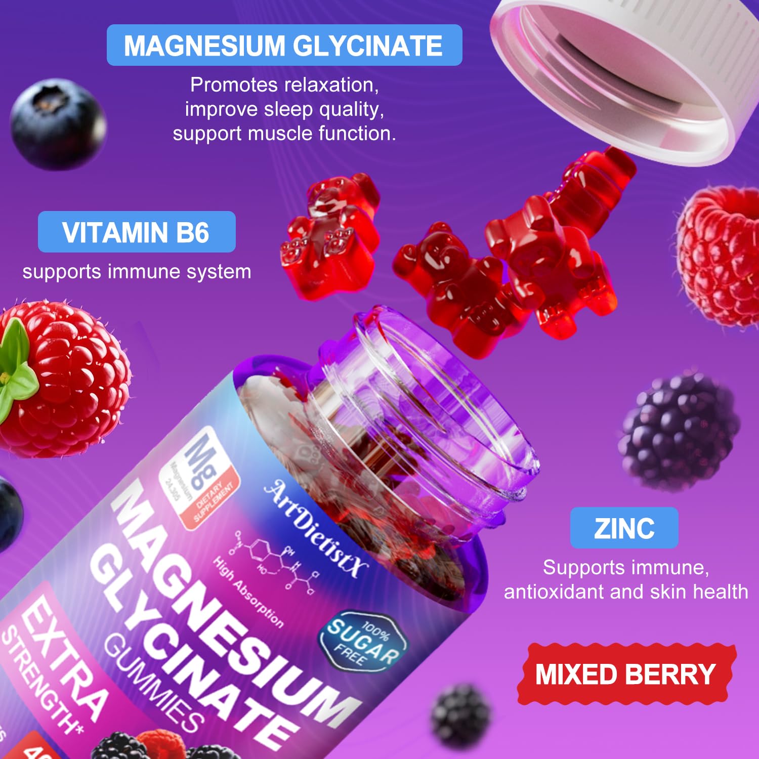 Magnesium Glycinate Gummies 400mg, Sugar Free Mаgnеsium Gummiеs for Adults with Magnesium Malate, Zinc, and Vitamin B6 for Sleep, Body Support and Relaxation, Non GMO, 60 Count-Multi-Flavor ArtDietistX uk supplements