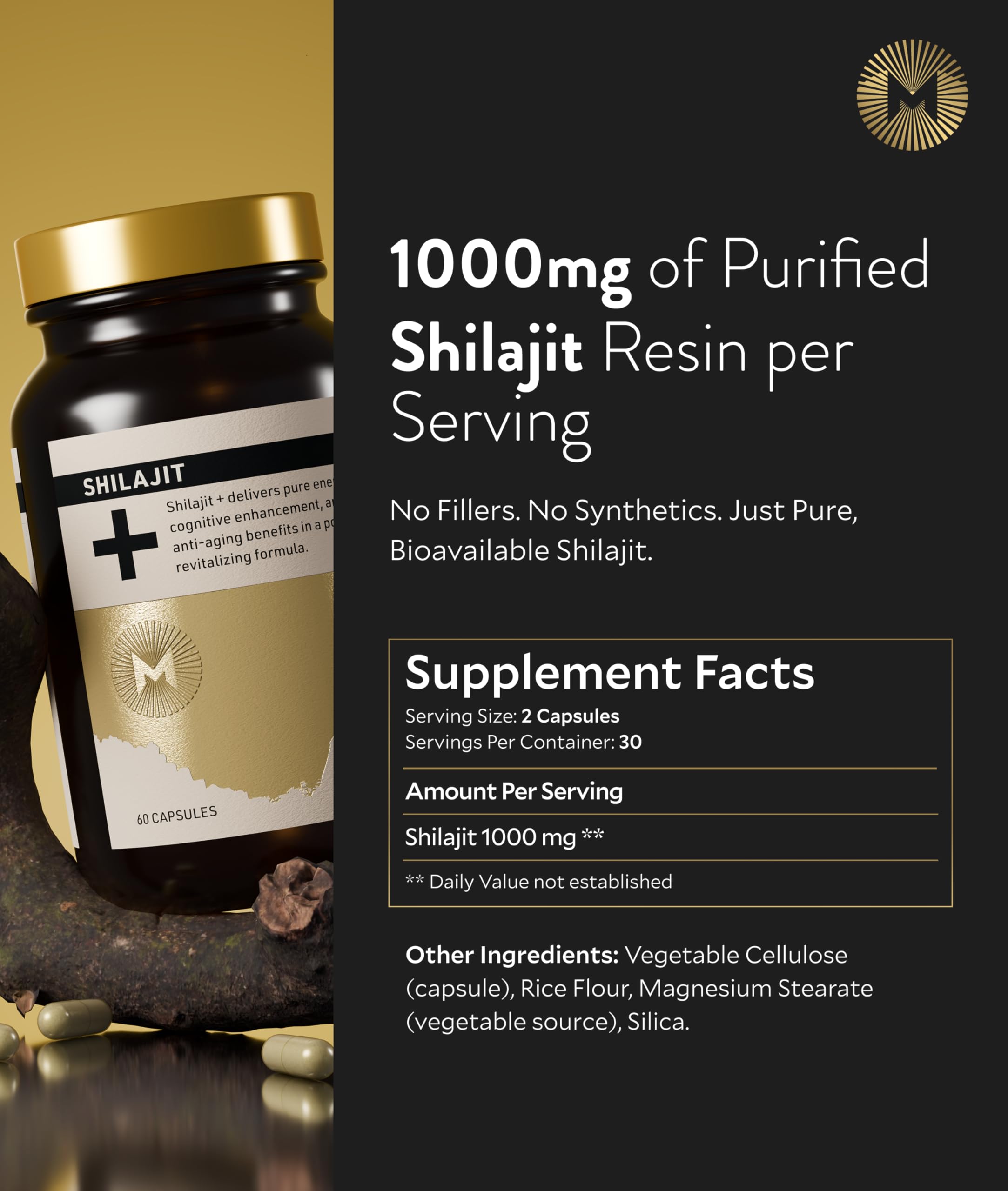 Manna Vitality Shilajit+ Capsules | 1000mg Purified Himalayan Shilajit Resin Supplement | Highest Bioavailability | Energy, Performance, Detox, Vitality, Mental Clarity & Cognitive Support | 60 Count M Manna uk supplements