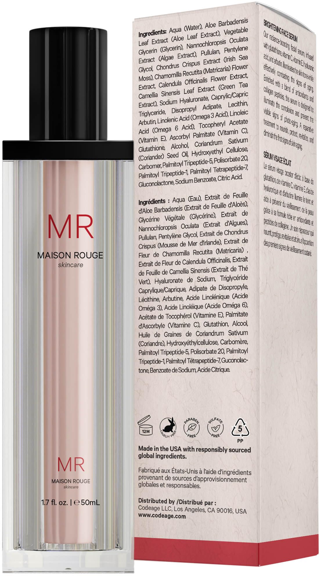 Maison Rouge Brightening Face Serum by Codeage - Glutathione Serum, Vitamin C, E, Hyaluronic Acid, Collagen - Radiance Enhancing - Parabens and Sulfates-Free - Refillable - All Skin Types - 1.7 fl oz Codeage uk supplements