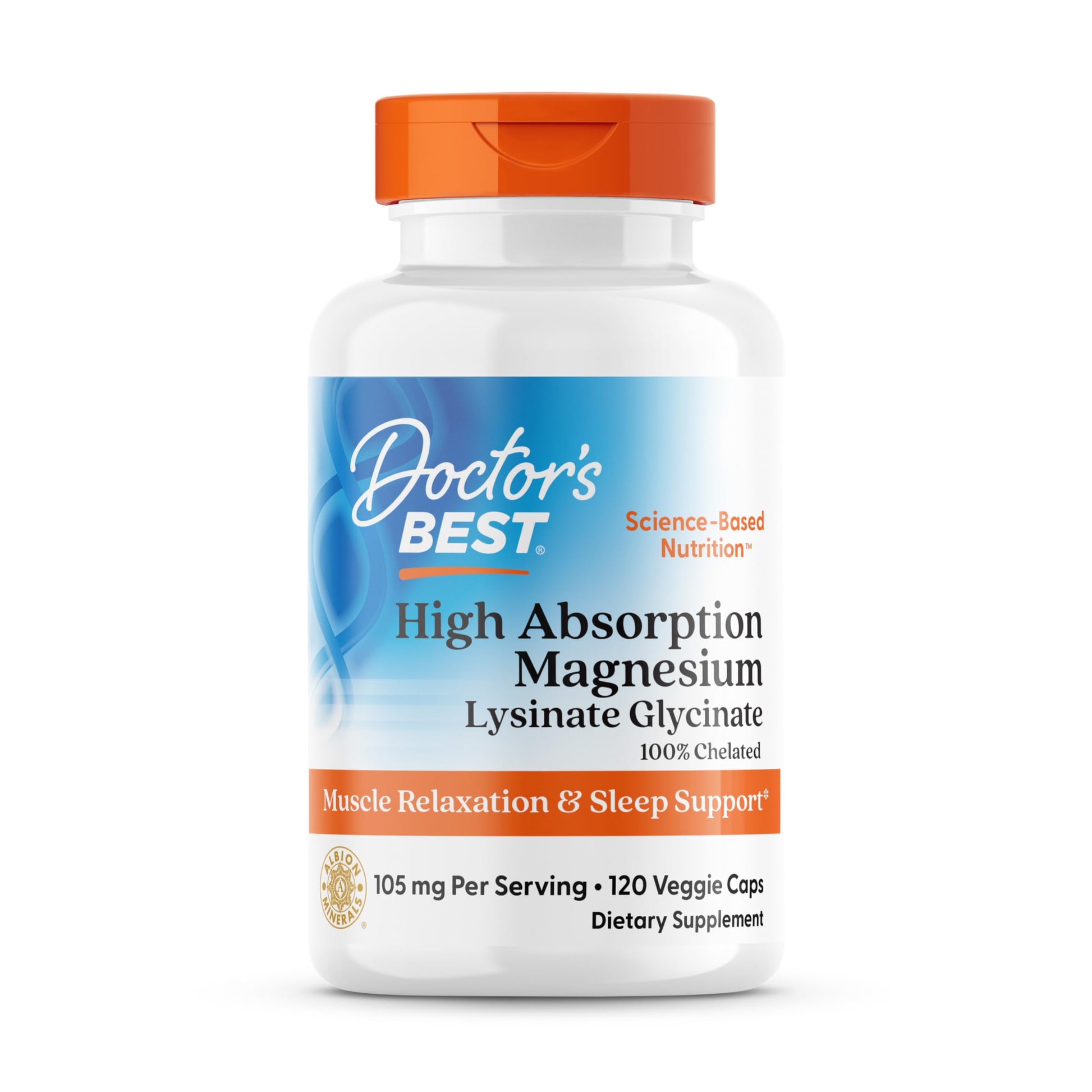 Doctor's Best High Absorption Magnesium Glycinate Lysinate Supplement for Sleep Support - Chelated Magnesium Capsules for Women & Men, 105 mg per Serving, Calm Support, Vegan - 120 Veg Caps Doctor's BEST uk supplements