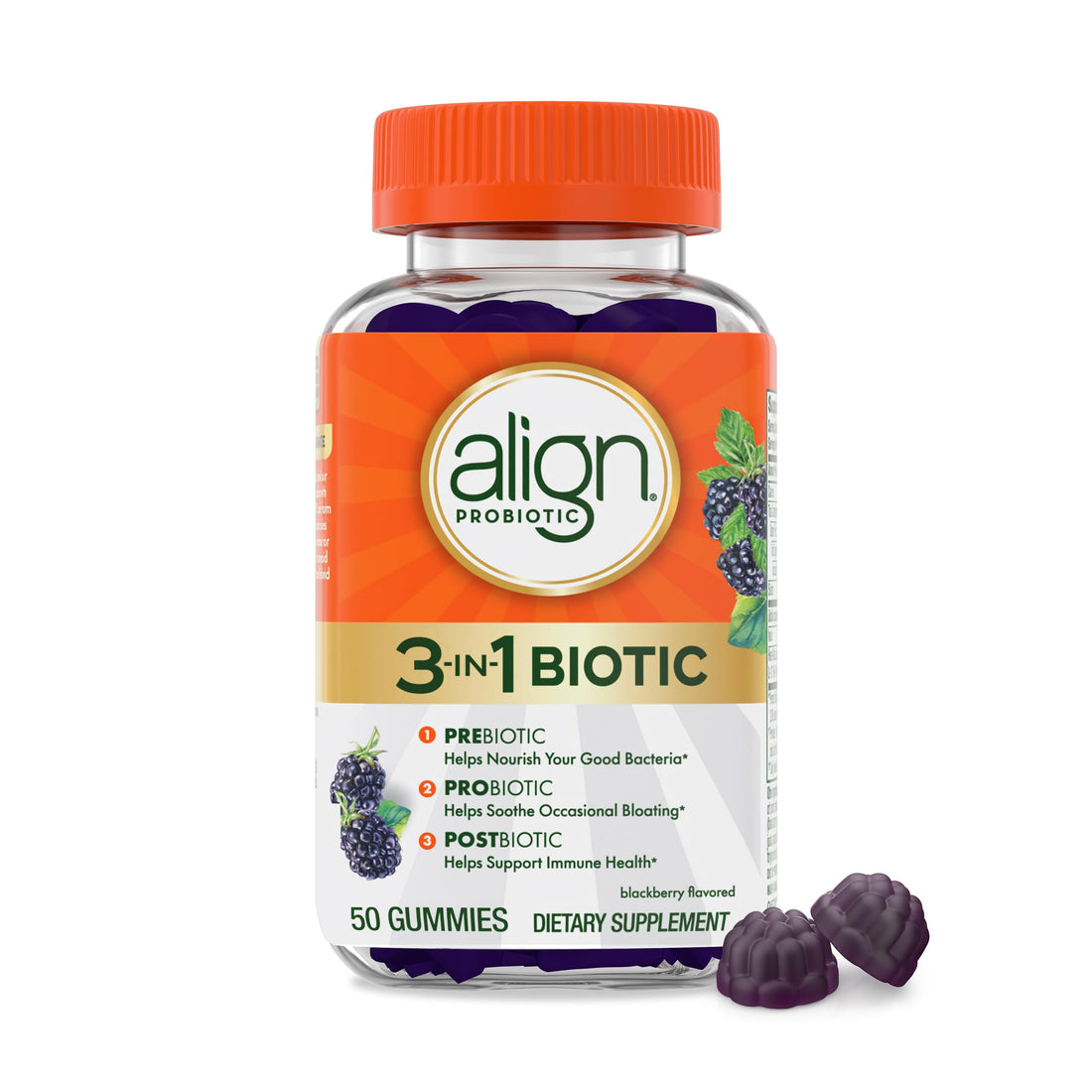 Align Probiotic, 3-in-1 Biotic Gummies, Prebiotic + Probiotic + Postbiotic, #1 Doctor Recommended Probiotic Brand‡, Helps Relieve Occasional Bloating*, BlackBerry Flavor, 50 Gummies Align uk supplements
