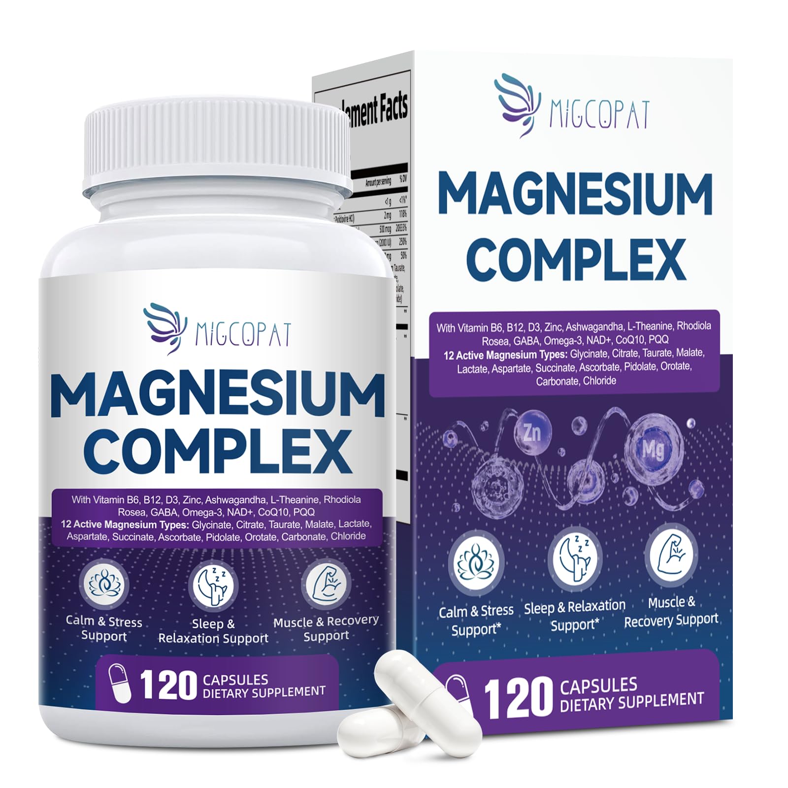 Migcopat Magnesium Complex w/Magnesium Glycinate, Malate, Citrate | 24-in-1 Magnesium Supplement w/Ashwagandha, L-Theanine & NAD+ | Supports Calm, Energy, Muscle & Sleep | Non-GMO, 120 Vegan Caps Migcopat uk supplements