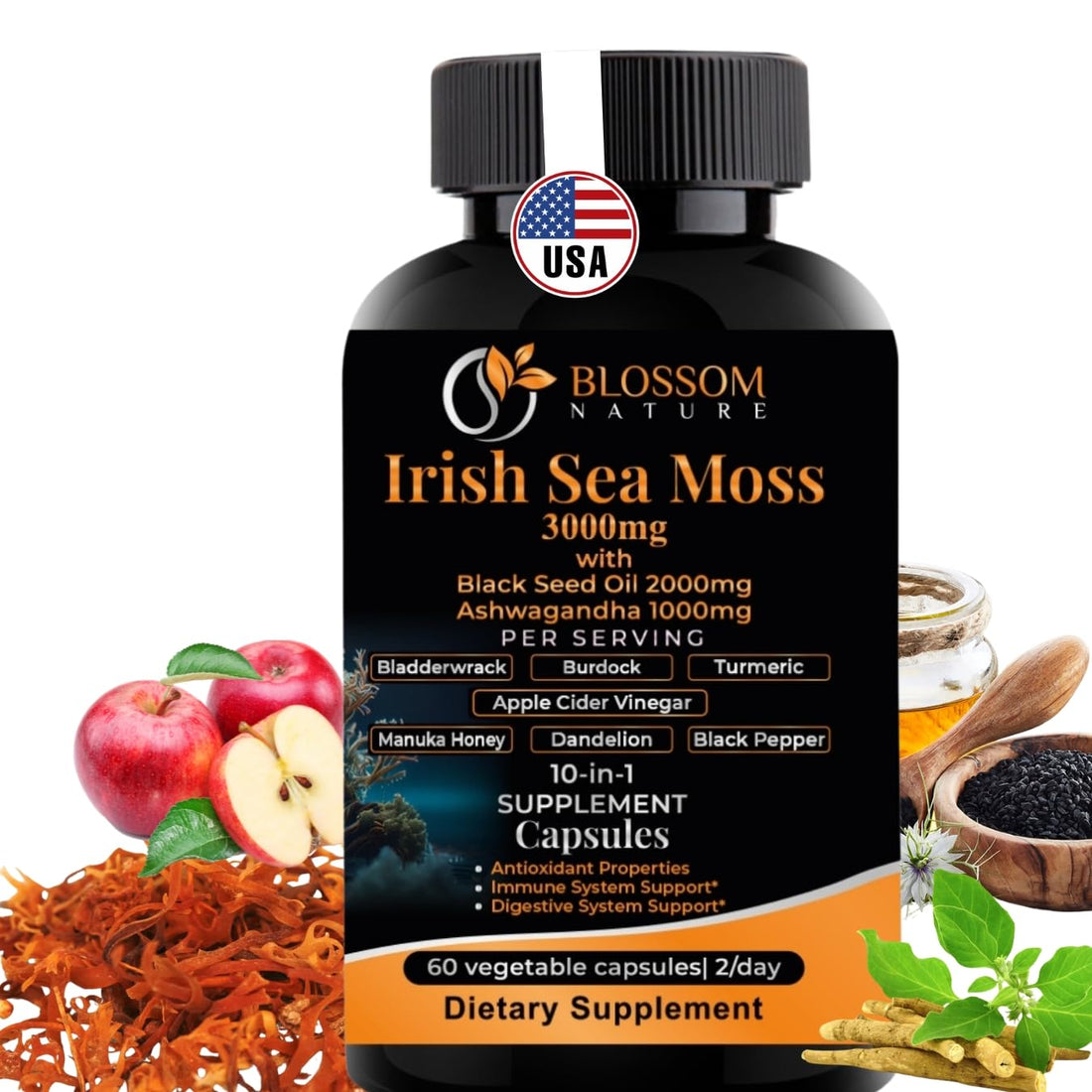 10-in-1 Irish Sea Moss Veggie Caps 3000mg Black Seed Oil Ashwagandha Bladderwrack Burdock Turmeric Apple Cider Vinegar Manuka Honey Dandelion Black Pepper - Made in US(Veggie Caps, Unflavored) Blossom Nature uk supplements