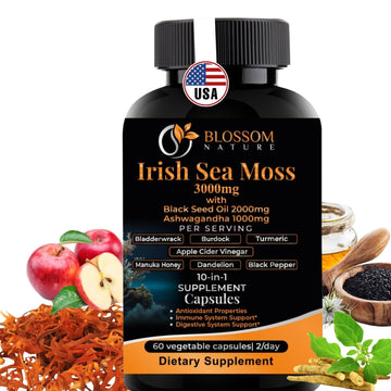 10-in-1 Irish Sea Moss Veggie Caps 3000mg Black Seed Oil Ashwagandha Bladderwrack Burdock Turmeric Apple Cider Vinegar Manuka Honey Dandelion Black Pepper - Made in US(Veggie Caps, Unflavored) Blossom Nature uk supplements