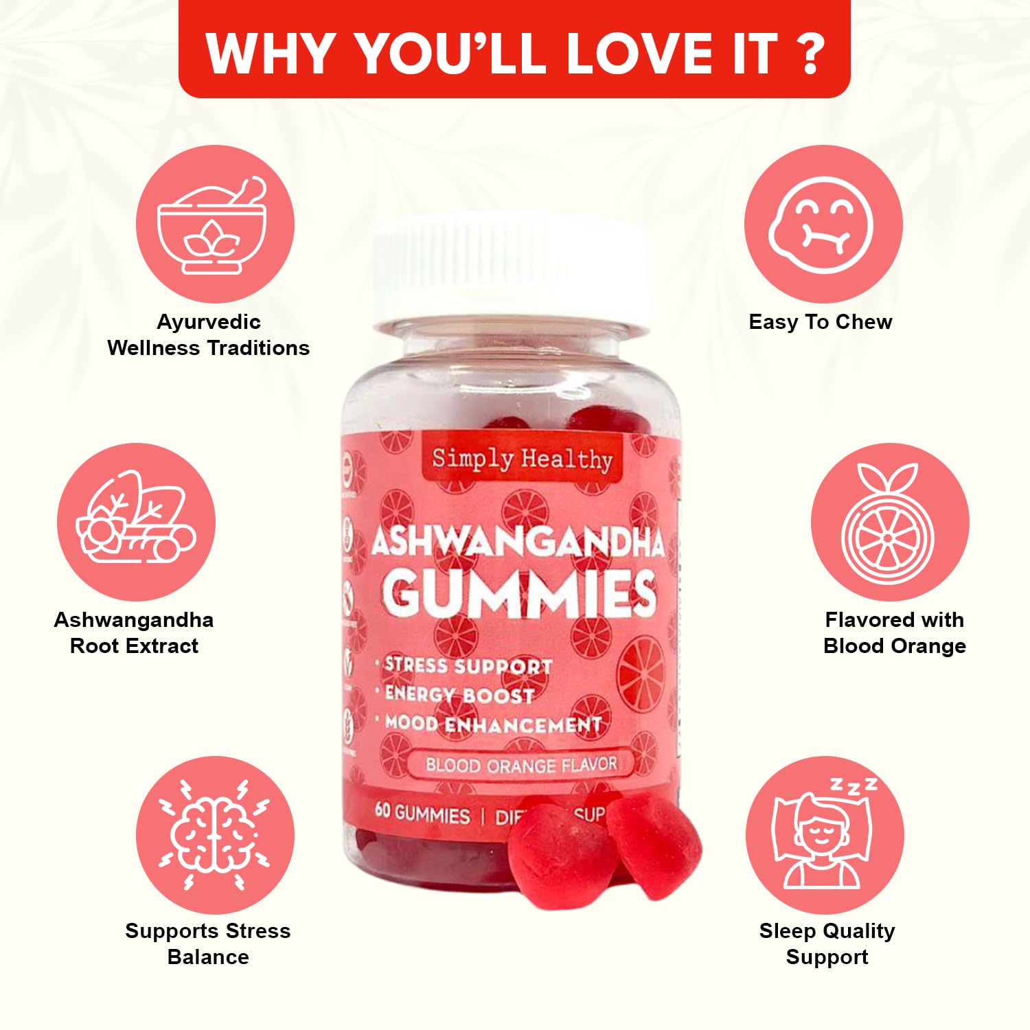Simply Healthy Premium Ashwagandha Gummies, Stress Support with Blood Orange Flavor, Vegan, Easy to Chew, Daily Aid, Energy Booster, Mood Enhancer, for Both Men and Women, 60 Gummies Simply Healthy uk supplements