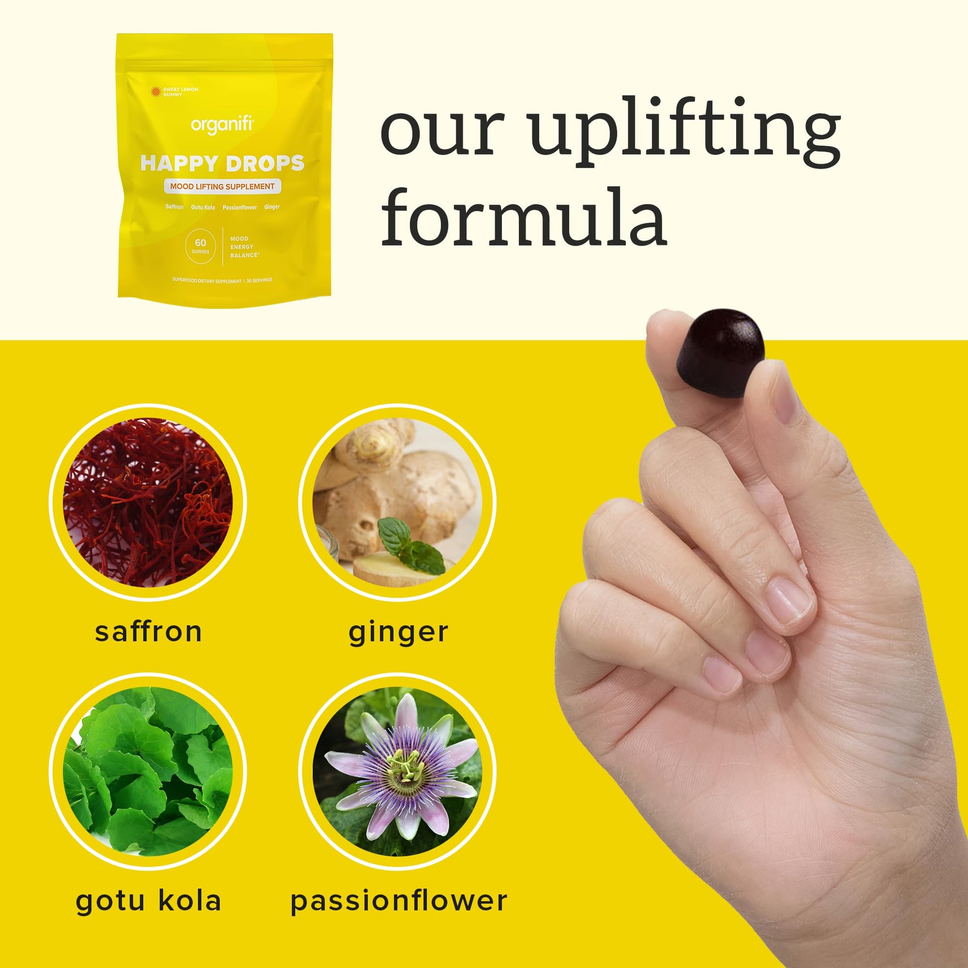 Organifi Happy Drops - Daily Superfood Happy Gummies for Adults - Mood Support Supplement for Balance, Bliss, Energy and Taking the Edge Off - Sweet Lemon Flavor - 60 Gummies Organifi uk supplements