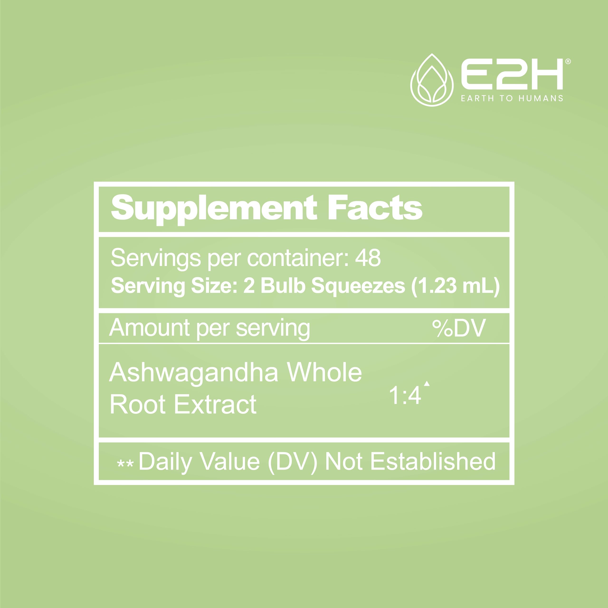 E2H Ashwagandha Liquid Drops - All-Natural Ashwagandha Supplement for Stress Relief and Mood Enhancer- Organic Ashwagandha Root Extract Effective Cortisol Manager | Non-GMO, Vegan | 2 Fl Oz E2H EARTH TO HUMANS uk supplements