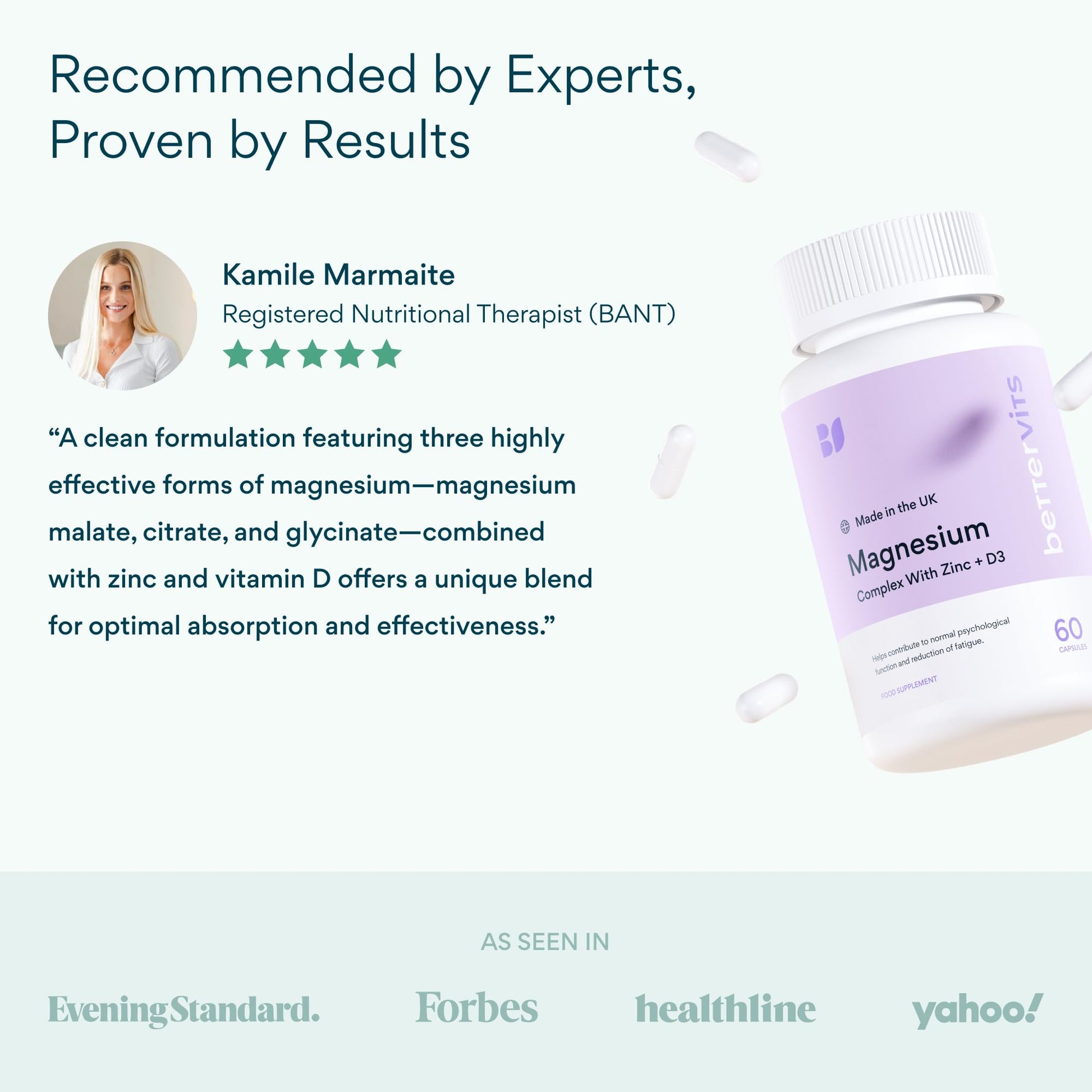 Bettervits Magnesium Glycinate Complex with Citrate Malate Zinc & Vitamin D3 | High Absorption Pure Magnesium 225mg Supplement Chelated Formula for Muscle Relaxation, Sleep Support – 60 Capsules Bettervits uk supplements