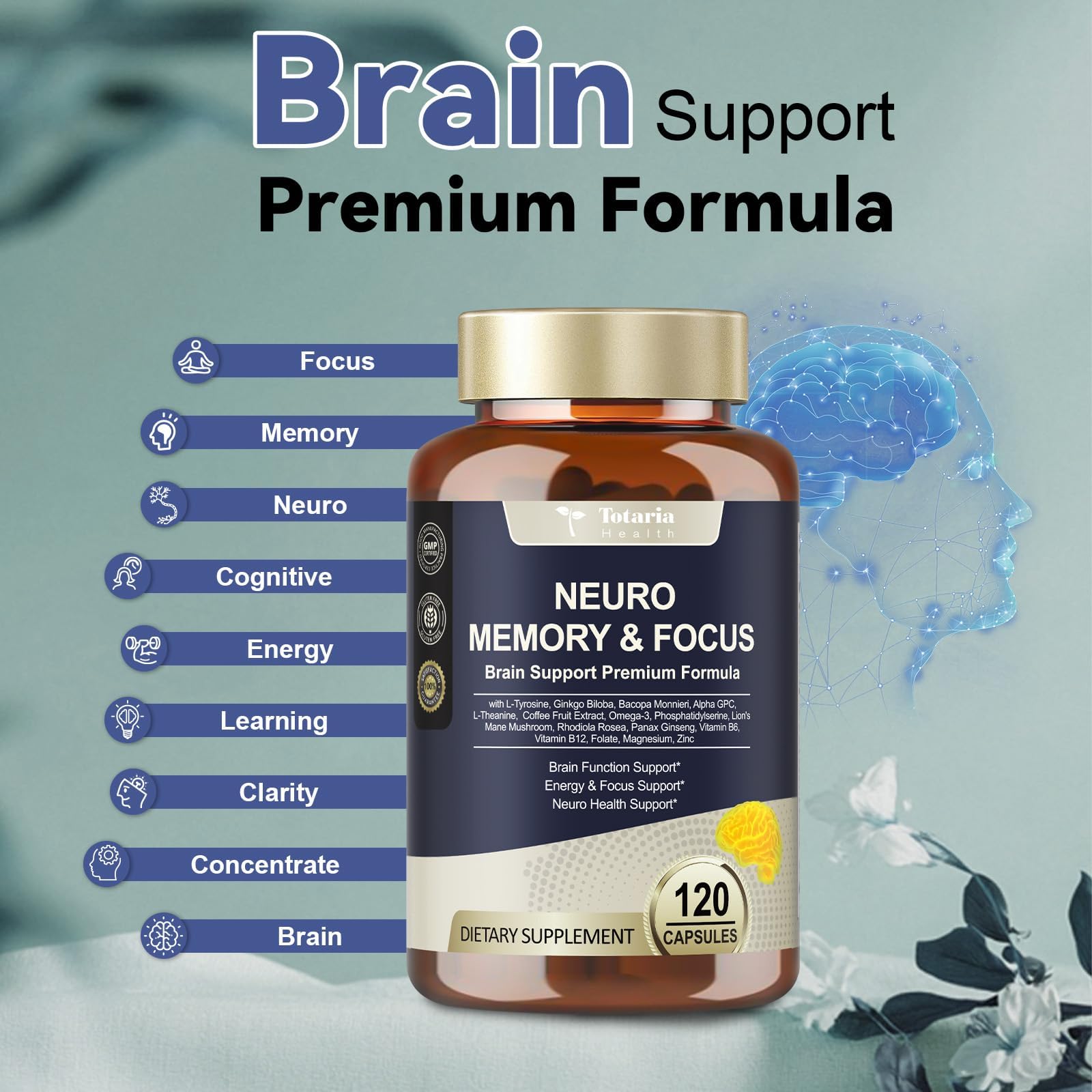 Totaria C-ognitive with Caffeine Pills, L-Tyrosine, Alpha GPC, Ginkgo Biloba, Bacopa Monnieri Brain Supplement for Memory and Focus, Brain Nootropic Support - Non-GMO, Gluten Free (2 Packs) Totaria uk supplements