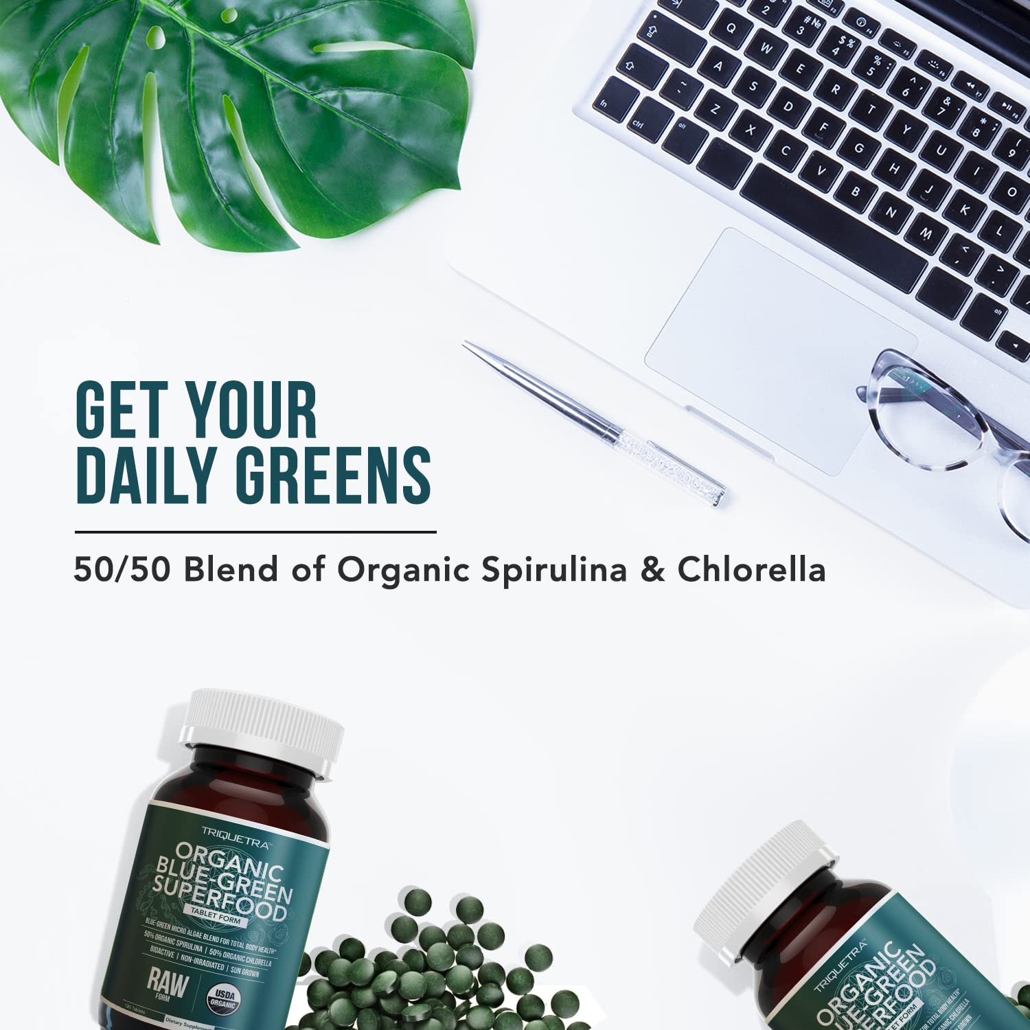 Organic Spirulina & Chlorella Tablets – 4 Organic Certifications, Raw, Non-Irradiated – 50/50 Blue Green Algae Blend – Antioxidant Content Equal to 5 Servings of Vegetables (120 Tablets) Triquetra Health uk supplements