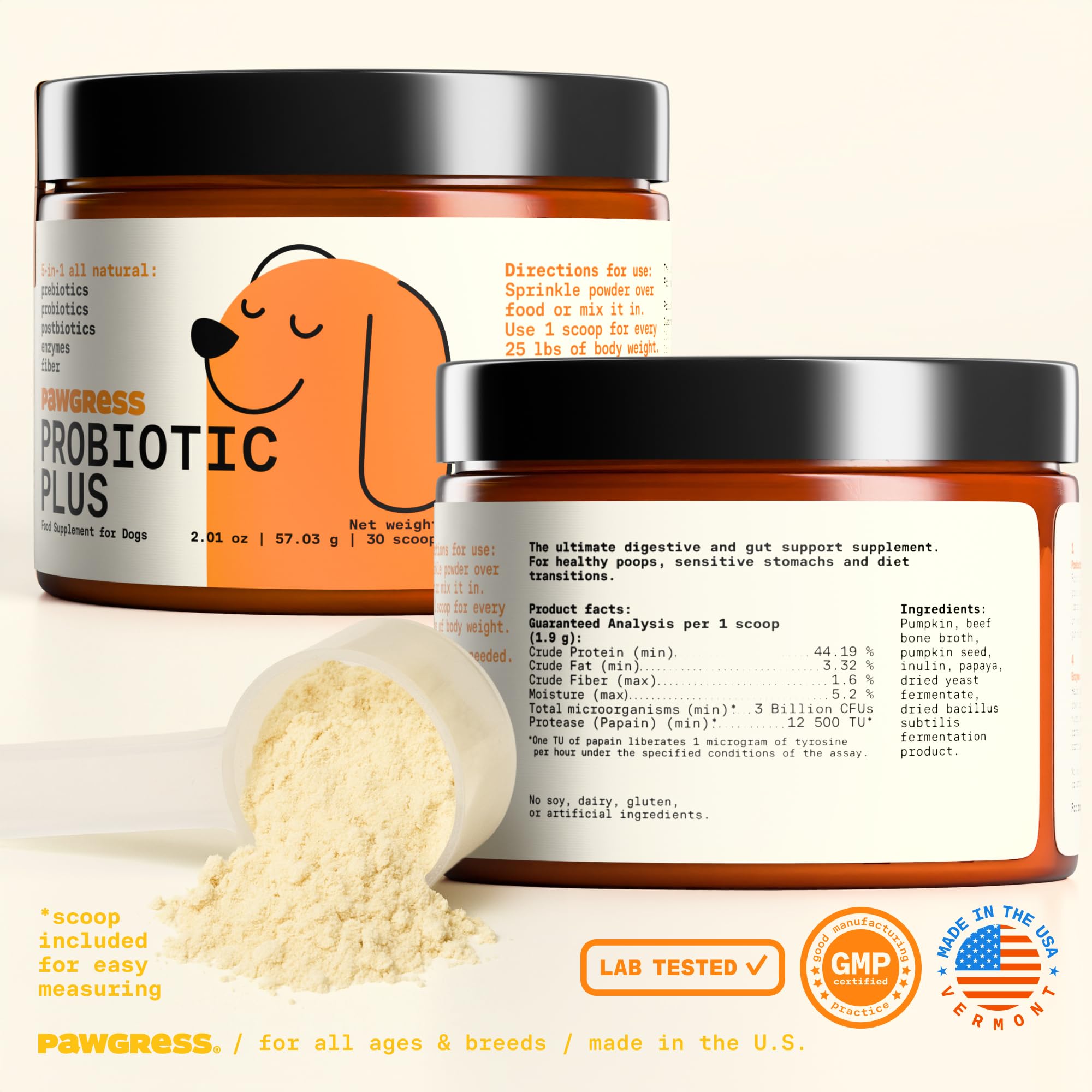 Pawgress 5-in-1 Dog Probiotic Powder – 100% Natural Gut Health Support with Prebiotics, Postbiotics & Enzymes - Made in USA – 30 Scoops PAWGRESS uk supplements