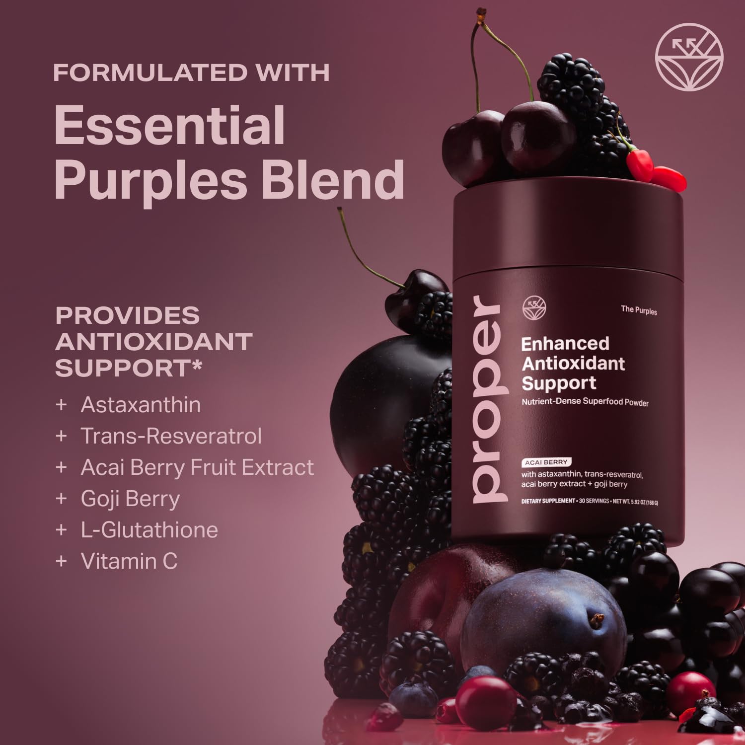Proper, The Purples Nutrient-Dense Superfood Powder - Antioxidant Supplement and Cellular Support – Acai, Amla, Blueberry, Vitamin C, B Vitamins & More - Enhanced with Prebiotic Fiber & Probiotics Proper uk supplements