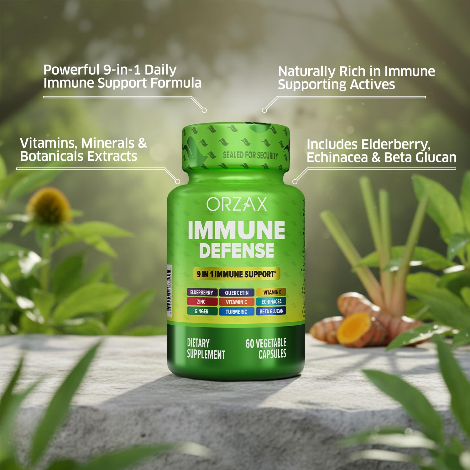 ORZAX 9 in 1 Immune Defense Booster Herbal Supplement, Specialized High Strength Formula - Vitamin C & D, Zinc, Quercetin, Turmeric & Ginger, Echinacea - Non-GMO - 60 Veggie Capsules - 30 Day Supply ORZAX uk supplements
