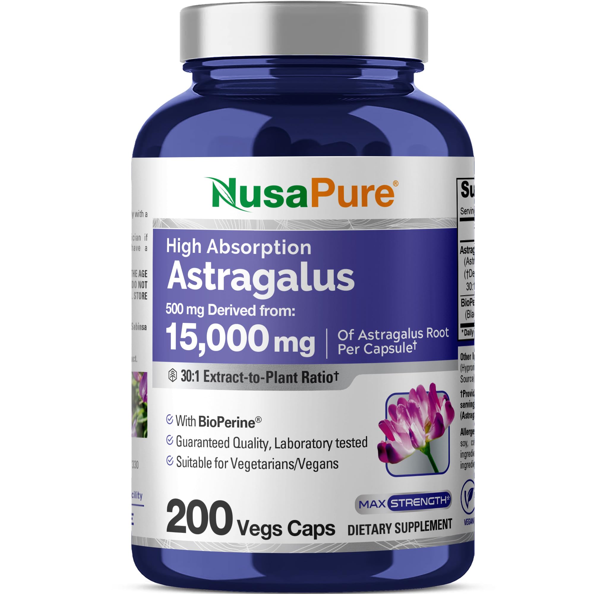 NusaPure Astragalus Root 30:1 Extract, 500 mg Equivalent to 15,000 mg 200 Veg Caps Suitable for Vegetarians and Vegans, Non-GMO NusaPure uk supplements