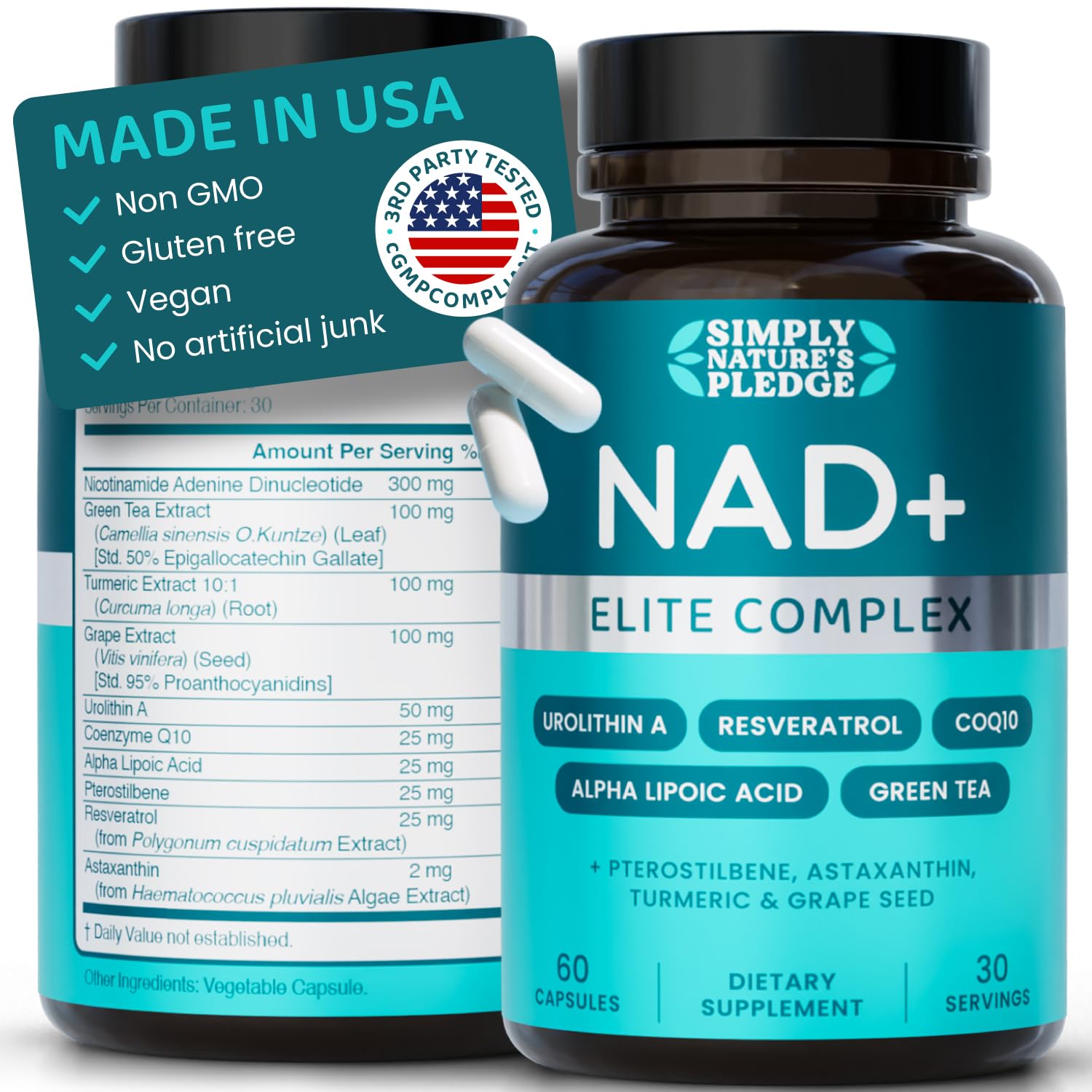 NAD+ Elite Complex – Direct NAD+ 300 mg with Urolithin A, Resveratrol, CoQ10 & Antioxidant Blend – Cellular Energy, Mitochondrial Support & Healthy Aging – Vegan, Non-GMO, 60 Capsules (30 Servings) Simply Nature's Pledge uk supplements