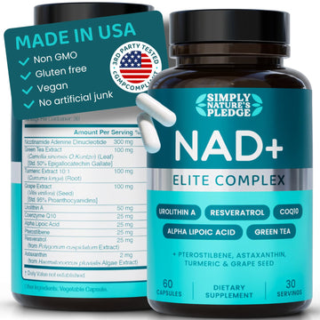 NAD+ Elite Complex – Direct NAD+ 300 mg with Urolithin A, Resveratrol, CoQ10 & Antioxidant Blend – Cellular Energy, Mitochondrial Support & Healthy Aging – Vegan, Non-GMO, 60 Capsules (30 Servings) Simply Nature's Pledge uk supplements