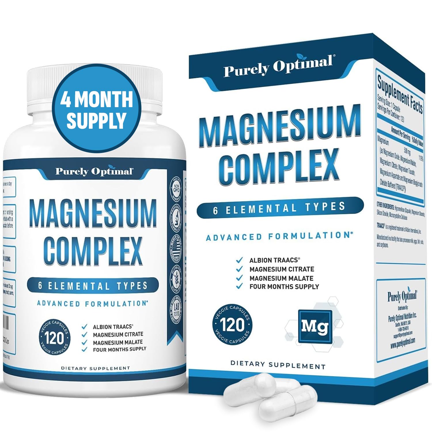 Purely Optimal Magnesium Complex - 6 Forms Magnesium Glycinate, Citrate & Malate - Sleep Support, Stress Relief, Muscles, Heart Health & Relaxation - Magnesium Supplement for Women & Men, 120 Caps Purely Optimal uk supplements
