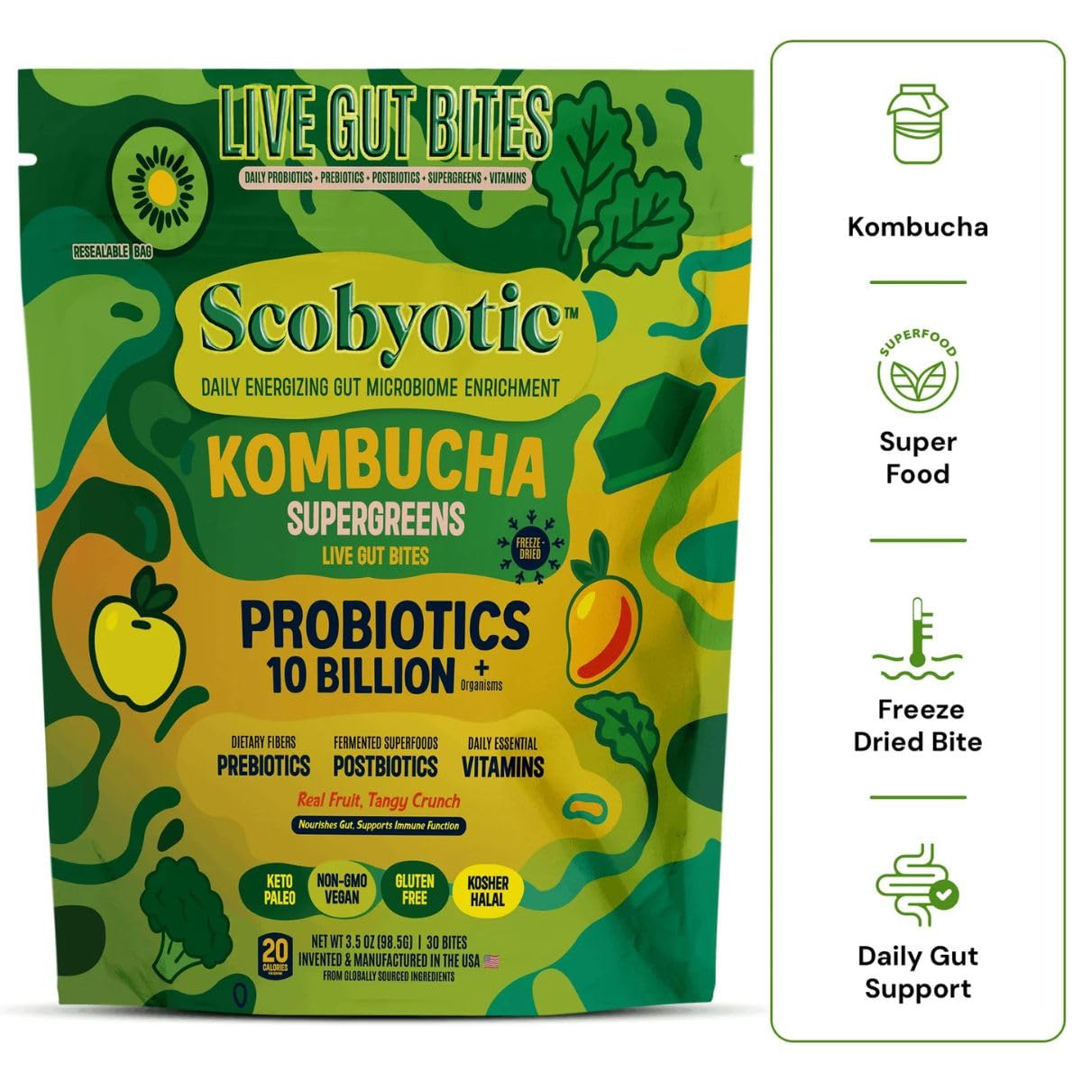 Scobyotic® Kombucha Supergreens Live Gut Bites – 10 Billion CFU Probiotics + Prebiotics & Postbiotics – Kombucha & Supergreens – Freeze-Dried Probiotic Supplement Scobyotic uk supplements
