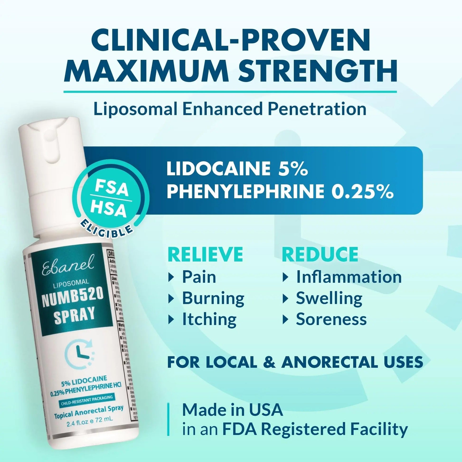 Ebanel 5% Lidocaine Spray Pain Relief Numb520 Burn Itch Relief Numbing Spray for Skin, Topical Anesthetic Postpartum Hemorrhoid Treatment with Phenylephrine for Local and Anorectal Uses EBANEL LABORATORIES uk supplements