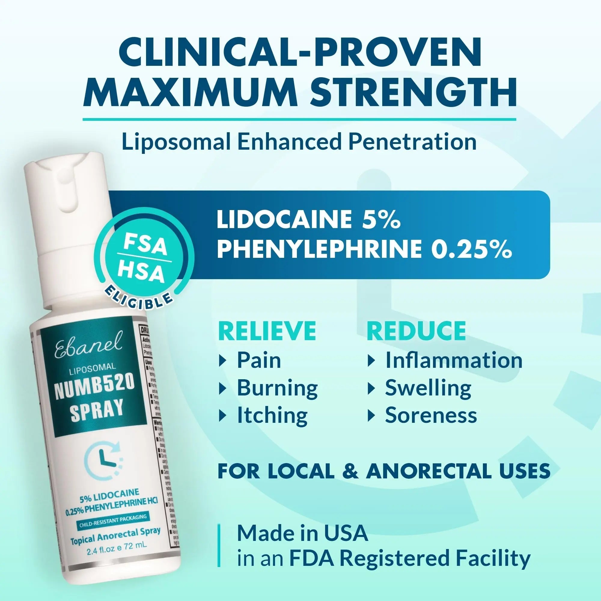 Ebanel 5% Lidocaine Spray Pain Relief Numb520 Burn Itch Relief Numbing Spray for Skin, Topical Anesthetic Postpartum Hemorrhoid Treatment with Phenylephrine for Local and Anorectal Uses EBANEL LABORATORIES uk supplements