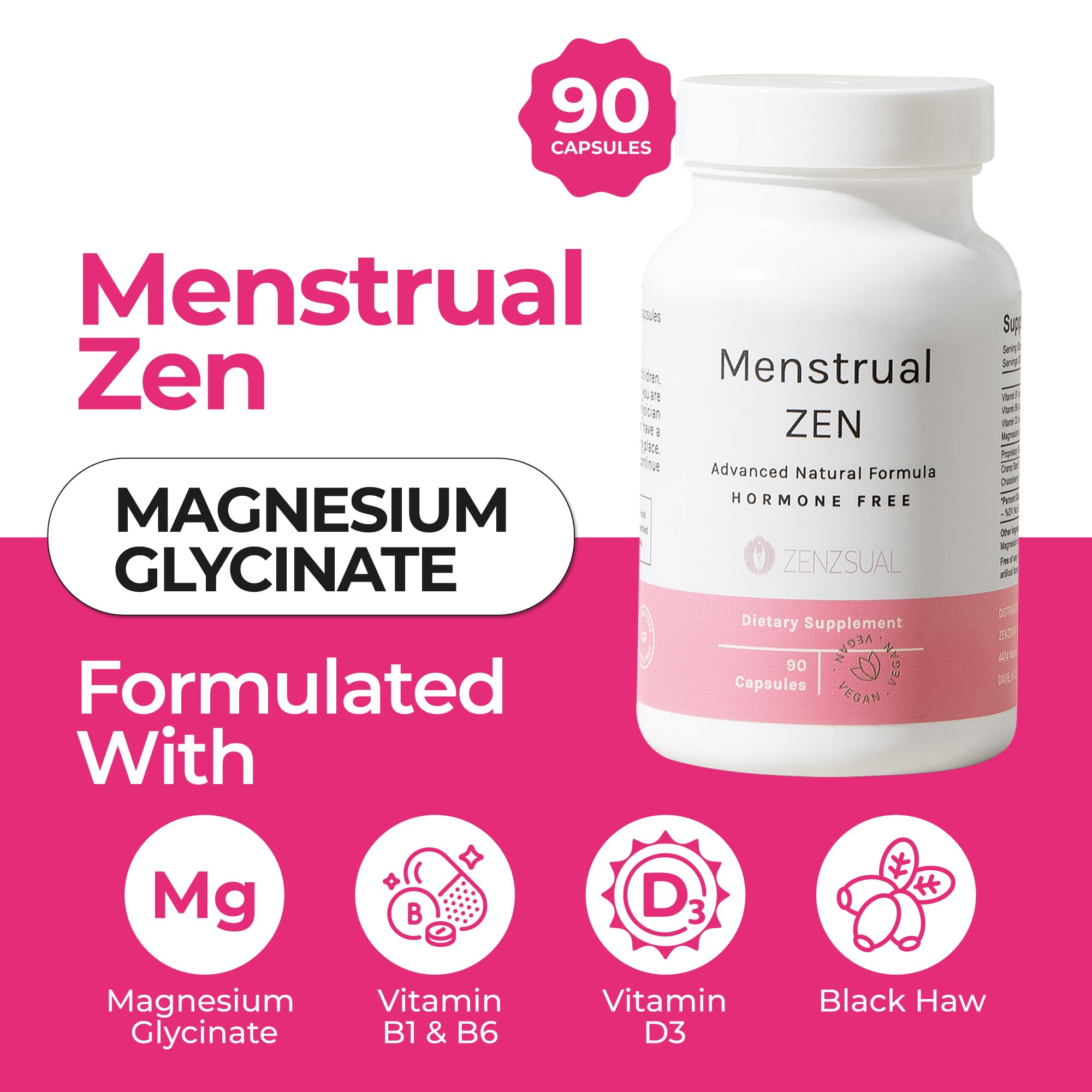 ZENZSUAL Menstrual Zen Natural and Hormone-Free Supplement – Support for Menstrual Cramps, Mood Swings and Period Pain – Diuretic Effect (90 Capsules / 2.7 Oz) ZENZSUAL uk supplements
