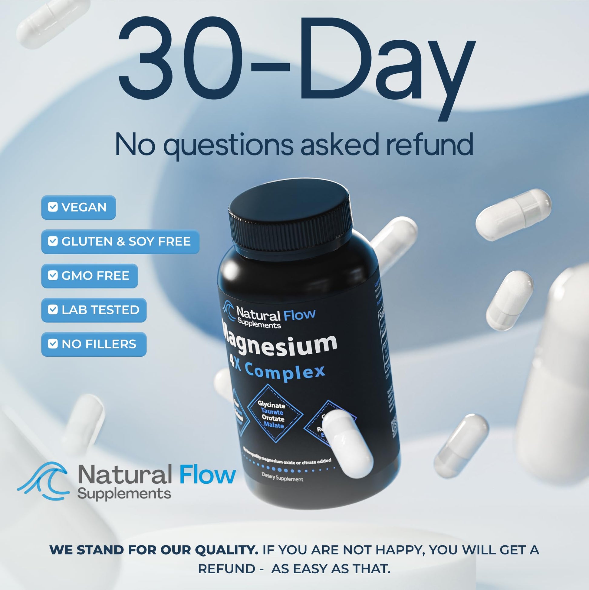 Natural Flow 4X Magnesium Supplement, Magnesium Glycinate, Taurate, Malate, Orotate Complex, Calm Sleep and Cramp Support Blend, No Mag Citrate or Oxide, 120 Capsules Natural Flow Supplements uk supplements