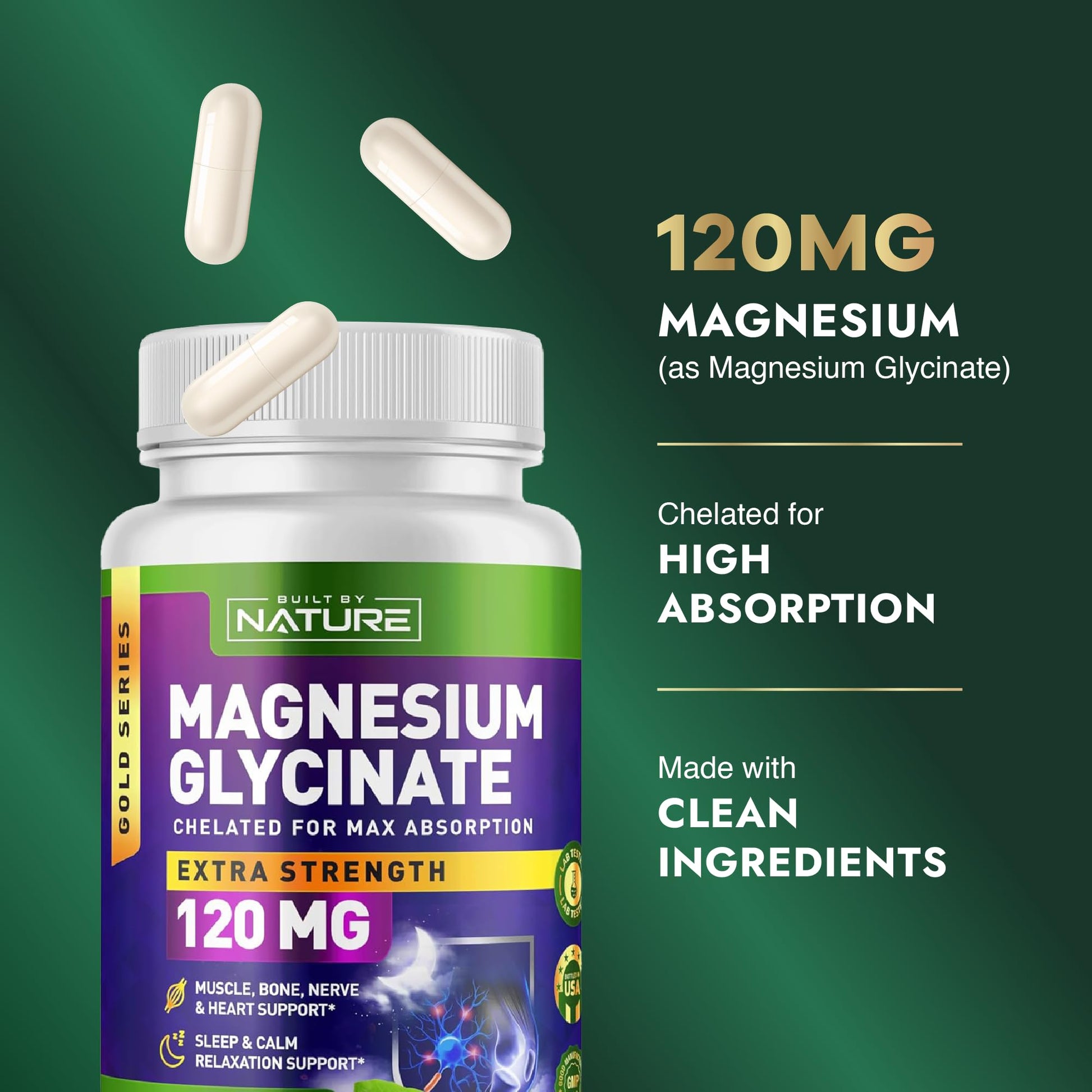 Built By Nature Magnesium Glycinate - Chelated for High Absorption – Supplement to Support Sleep, Muscle, Heart & Nerve Health - 120 mg Magnesium per Serving/Capsule - 90 Capsules Built by Nature uk supplements