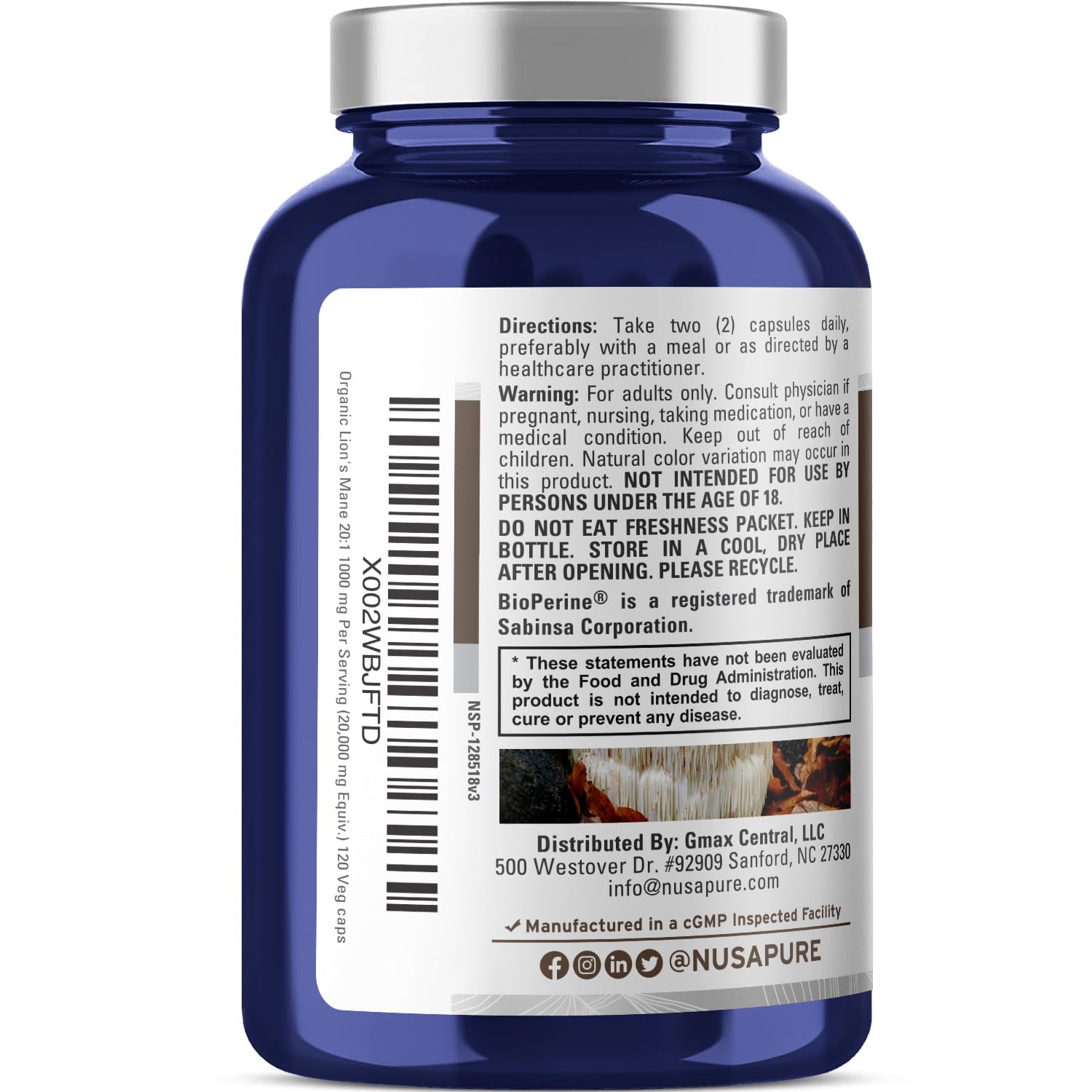 NusaPure Lions Mane 20:1 Extract (20,000 mg Equivalent) - Made with Organic Lion`s Mane, Bioperine - 30% Polysaccharides - 120 Veggie Caps. Non-GMO, Gluten Free NusaPure uk supplements