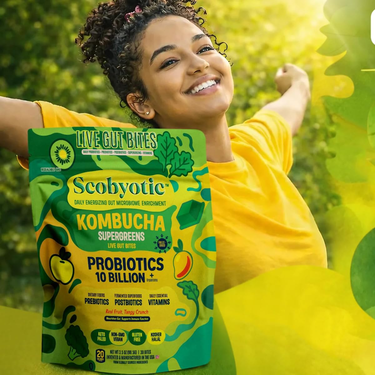 Scobyotic® Kombucha Supergreens Live Gut Bites – 10 Billion CFU Probiotics + Prebiotics & Postbiotics – Kombucha & Supergreens – Freeze-Dried Probiotic Supplement Scobyotic uk supplements