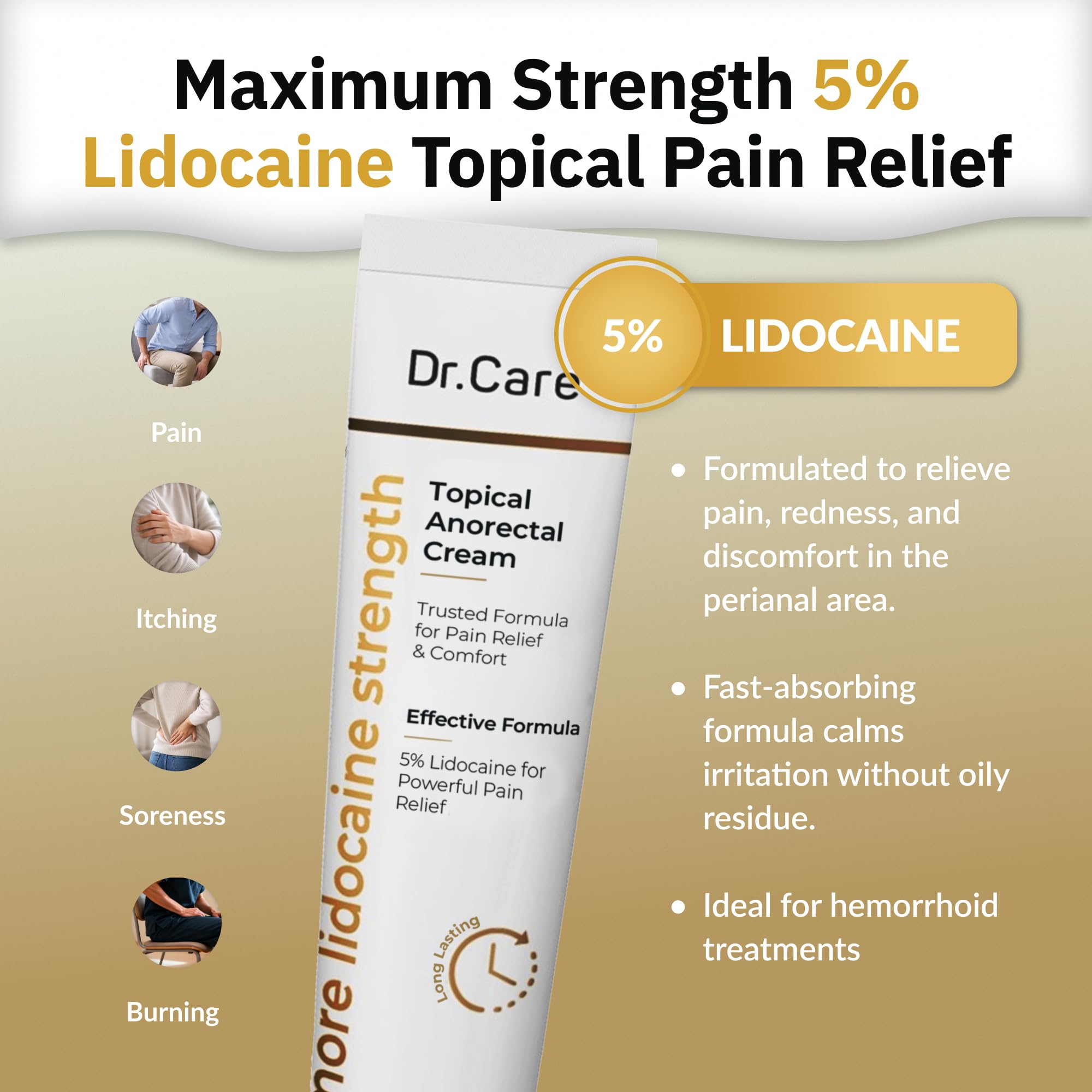 Dr Care Anorectal Cream with 5% Lidocaine - Maximum Strength Topical Anesthetic for Hemorrhoid Relief, Itching, & Burning (1.0 oz) Dr Care uk supplements