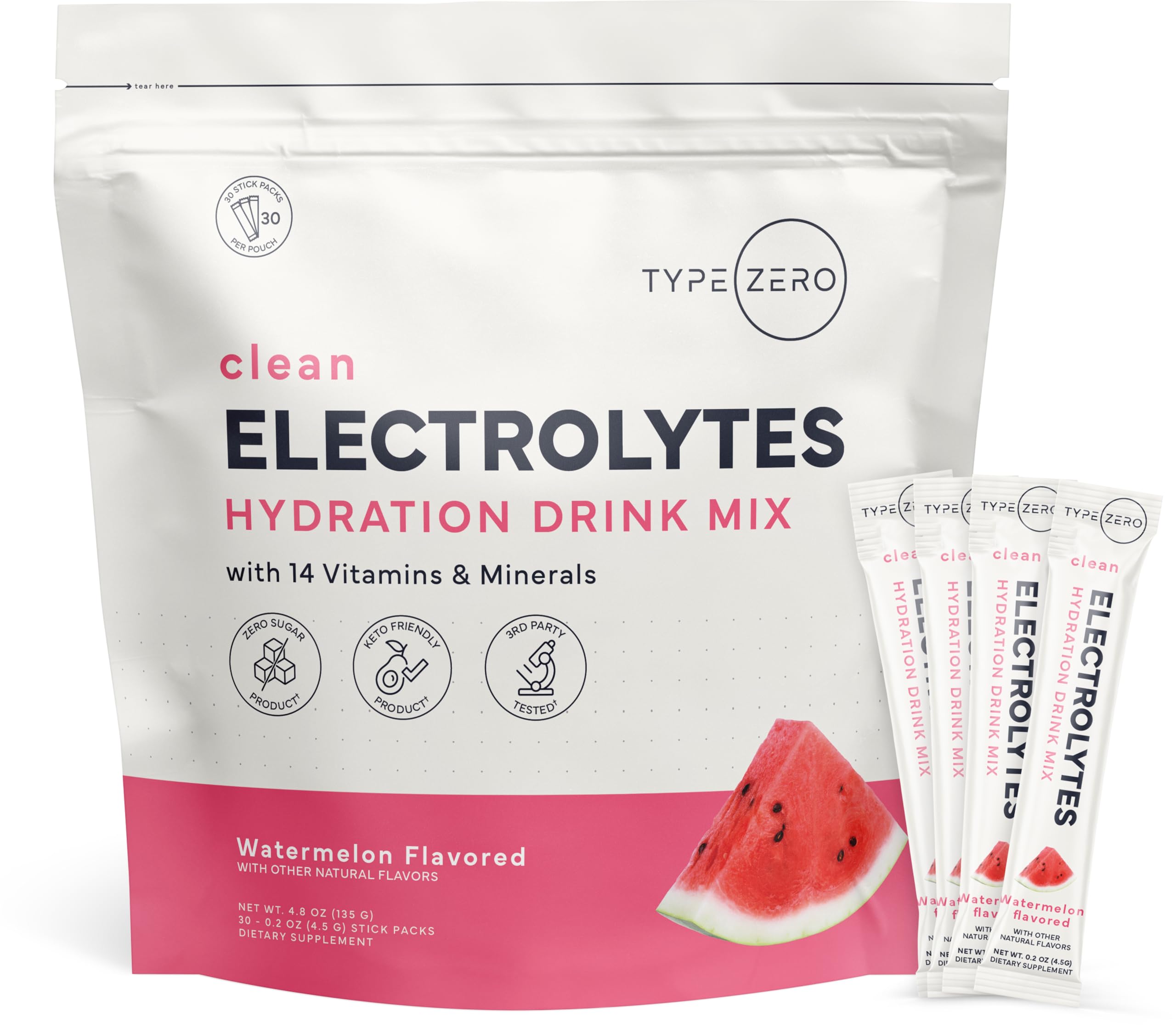 Type Zero Sugar Free Electrolytes Powder Packets + Clean Hydration Powder Stick Packs with 14 Vitamins and Minerals - Watermelon Flavor, 30 Servings Type Zero uk supplements