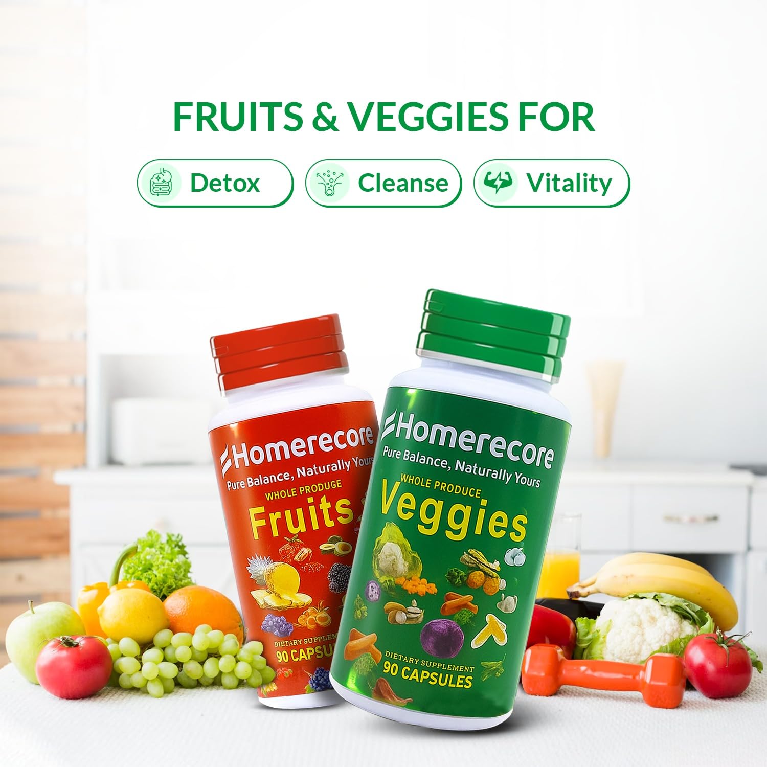HOMERECORE Whole Food Fruits & Veggies Supplement Plant-Based, Vegan, Gluten-Free, Soy-Free No Fillers Natural Superfoods Boost Energy & Immune System for Men & Women 90 Fruit & 90 Veggie Capsules HOMERECORE uk supplements