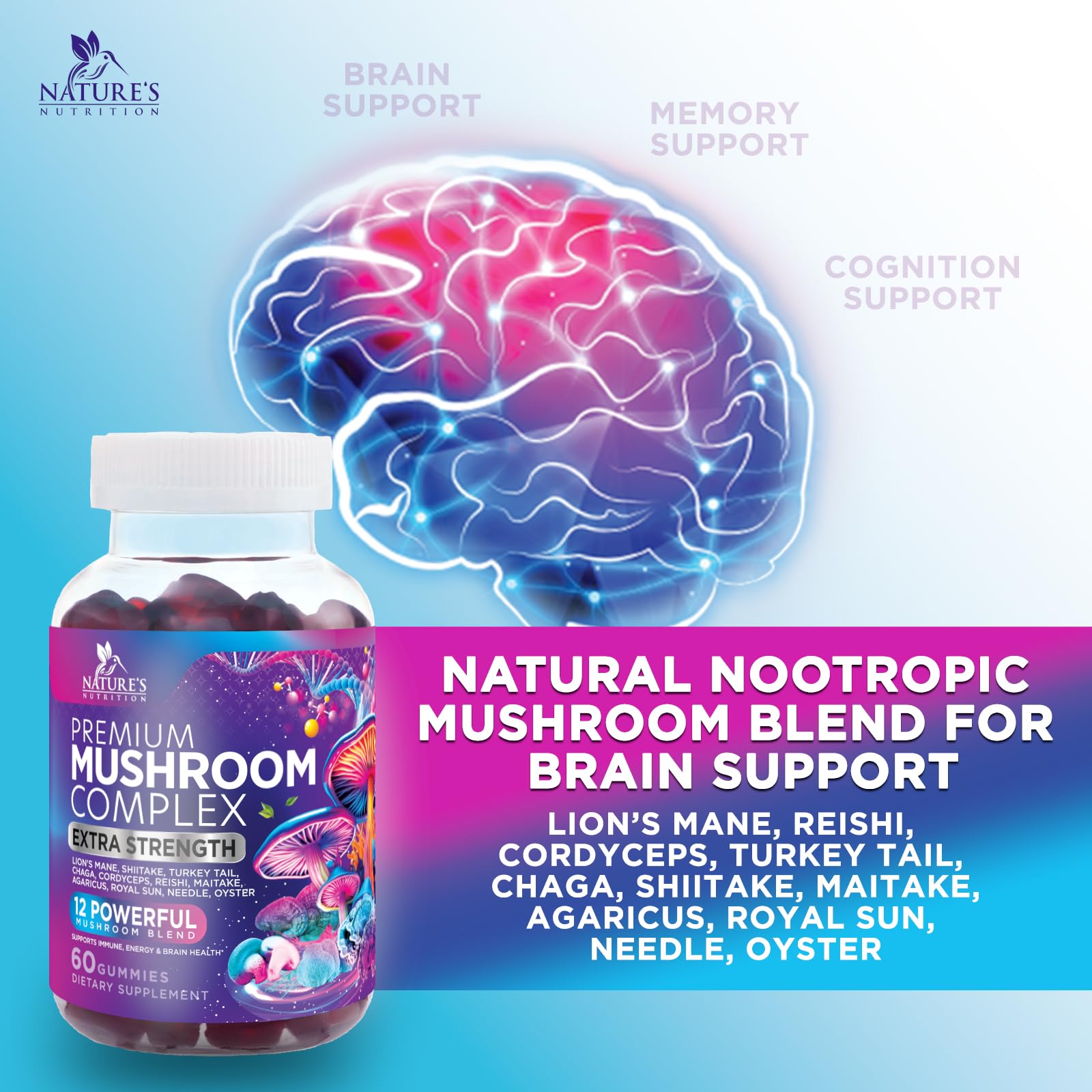 Mushroom Gummies Supplement 12 in 1 - High Grade Blend for Adults with Lions Mane, Reishi, Cordyceps, & Chaga Mushroom Complex Gummy, Memory & Immune Support & Nootropic Brain Supplements - 60 Gummies Nature's Nutrition uk supplements
