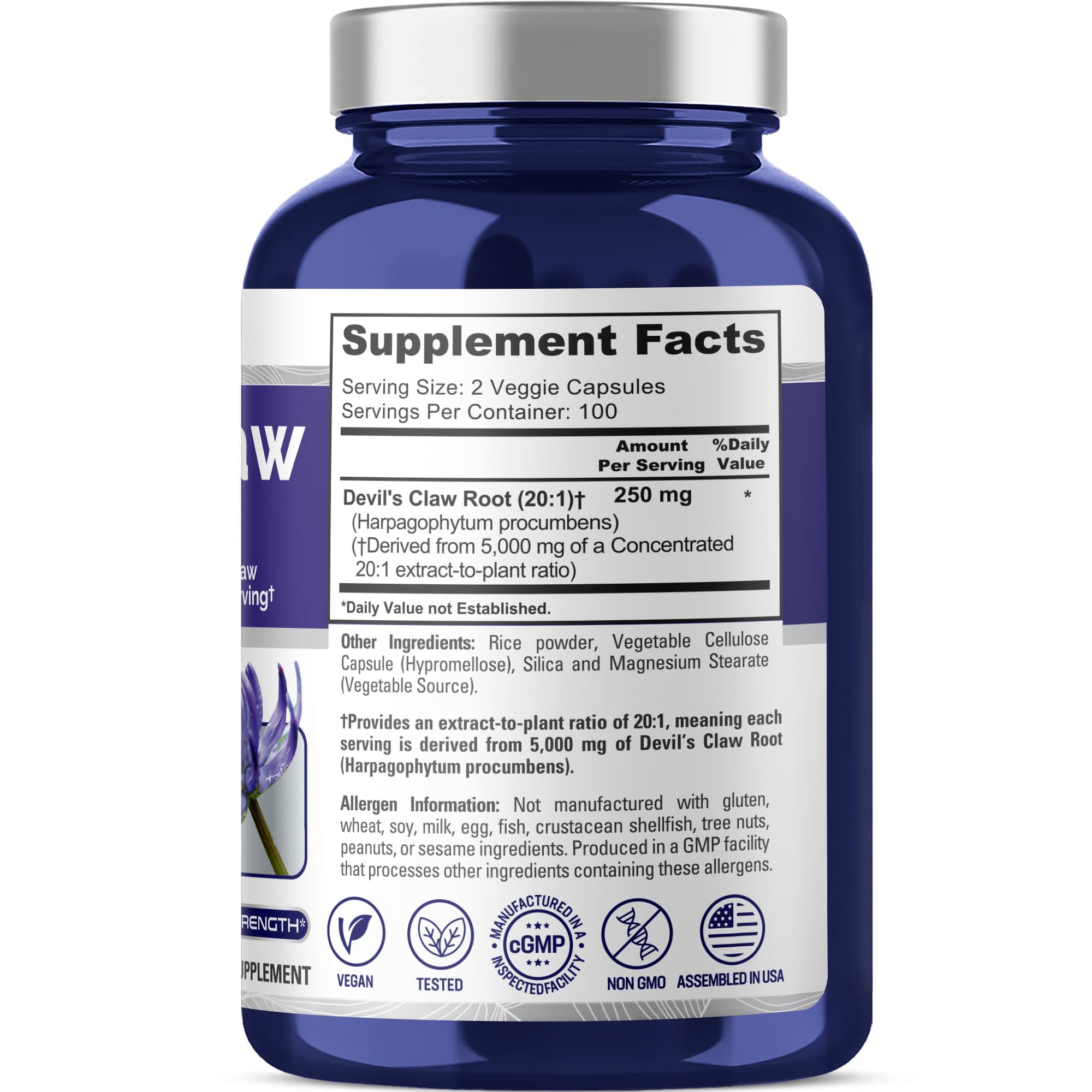 NusaPure Devil's Claw 20:1 Extract, 250 mg Equivalent to 5000mg, 200 Veggie Capsules, Concentrated Root Extract, Devils Claw Herbal Supplement, Non-GMO, Vegan Supplement NusaPure uk supplements
