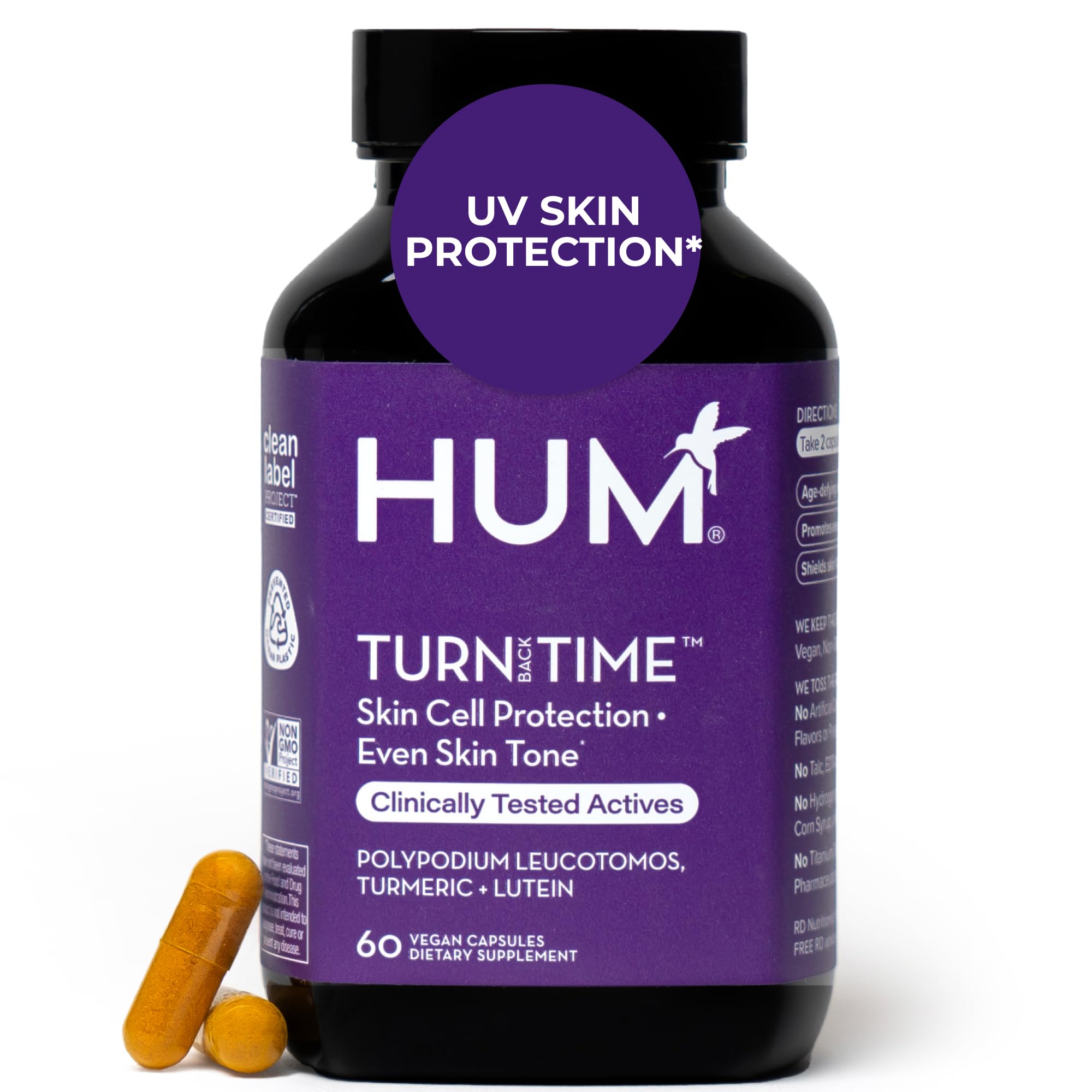 HUM Turn Back Time Turmeric Supplement for Youthful Looking Skin Support with Green Tea Extract, Lutein & Polyphenols, Skin Care Aging & Collagen Support Capsules for Even Tone, 60 Vegan Capsules HUM uk supplements