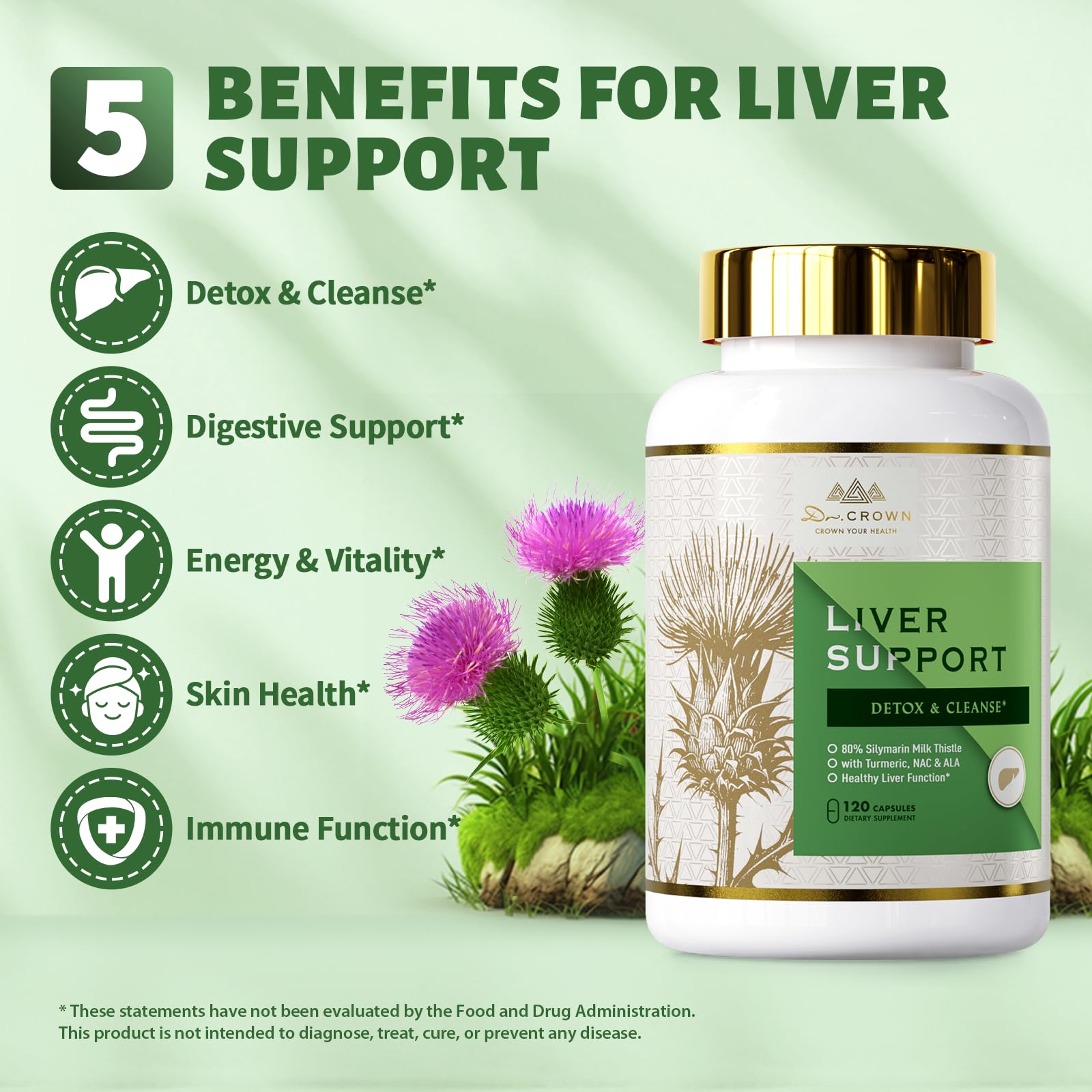 DR. Crown Liver Cleanse Detox & Repair - Milk Thistle Supplement, with Silymarin, N-Acetyl Cysteine(NAC), Artichoke, Turmeric & Dandelion for Liver Detox, Cleanse, Gluten Free, Non-GMO - 120 Capsules DR. CROWN uk supplements