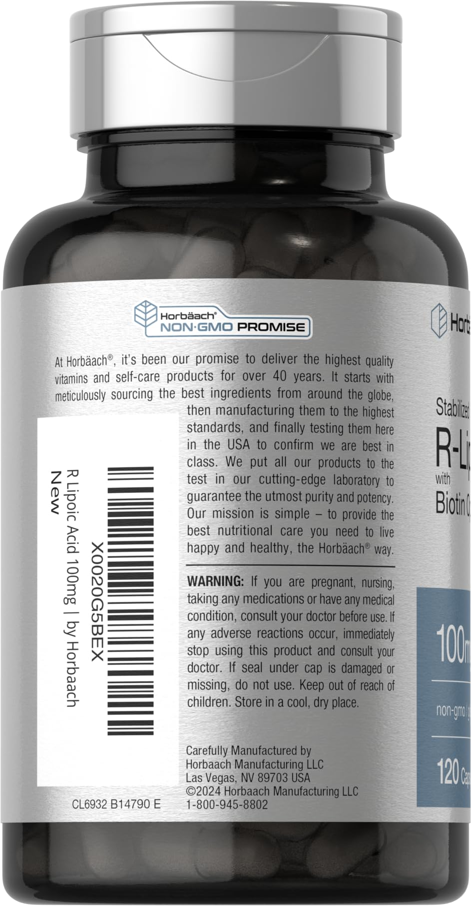 R-Lipoic Acid 100 mg | 120 Capsules | with Biotin Optimizer | Non-GMO, Gluten Free Horbäach uk supplements
