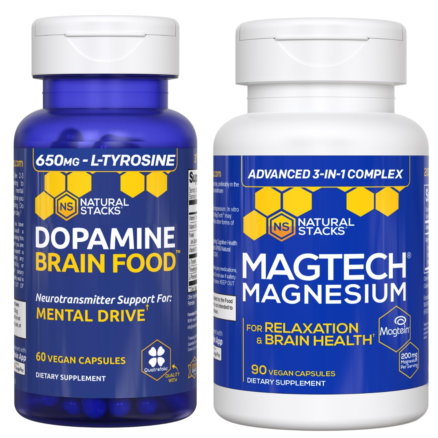 NATURAL STACKS Dopamine Brain Food + Magtech Magnesium Bundle - Chelated Magnesium Complex - Supports Brain Health & Mental Drive* - 150 Total Capsules NATURAL STACKS uk supplements