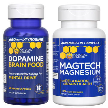 NATURAL STACKS Dopamine Brain Food + Magtech Magnesium Bundle - Chelated Magnesium Complex - Supports Brain Health & Mental Drive* - 150 Total Capsules NATURAL STACKS uk supplements